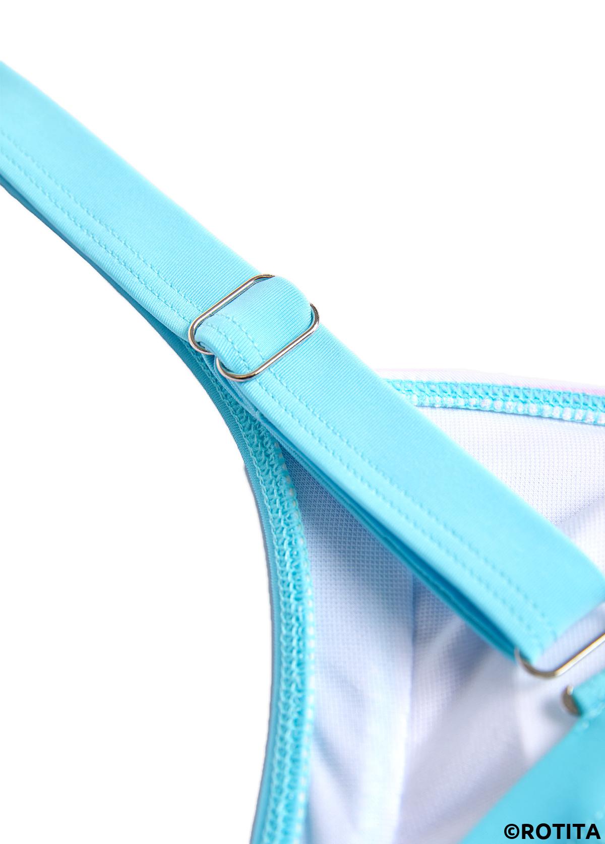 Cyan swimwear,Plants swimwear,Striped swimwear,Geometric swimwear,Ombre swimwear,ROTITA Drawstring Cyan Tropical Plants Print One Piece Swimwear