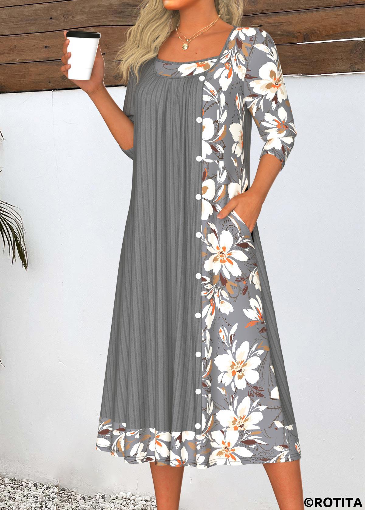 ROTITA Patchwork Floral Print Dark Grey A Line Dress
