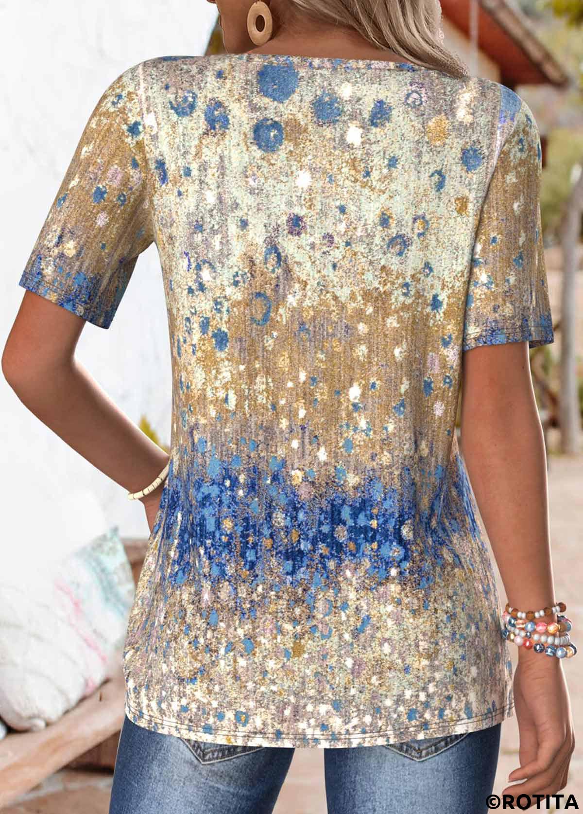 Multi Color tops,Ombre tops,ROTITA Tuck Stitch Multi Color Short Sleeve T Shirt