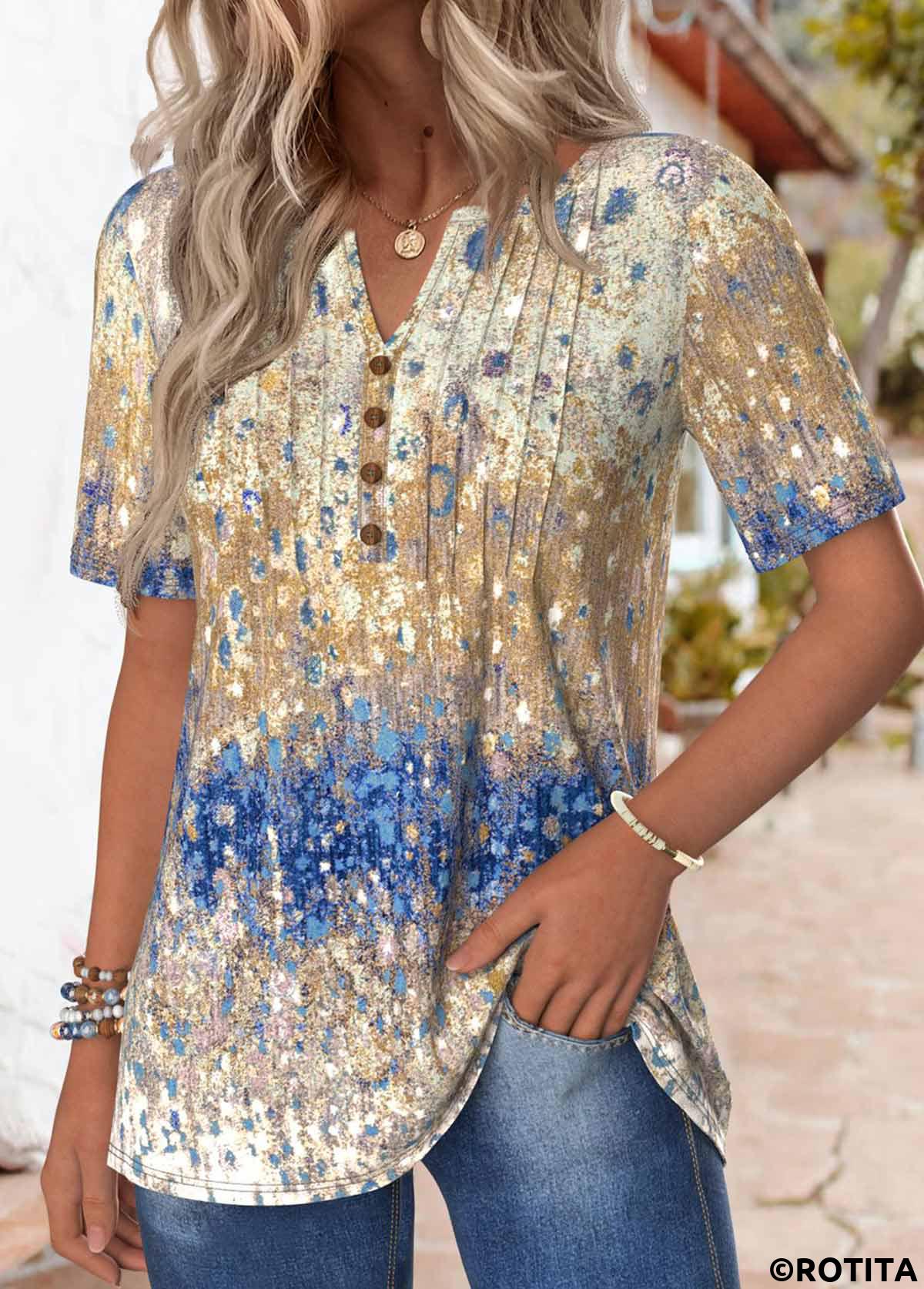 Multi Color tops,Ombre tops,ROTITA Tuck Stitch Multi Color Short Sleeve T Shirt