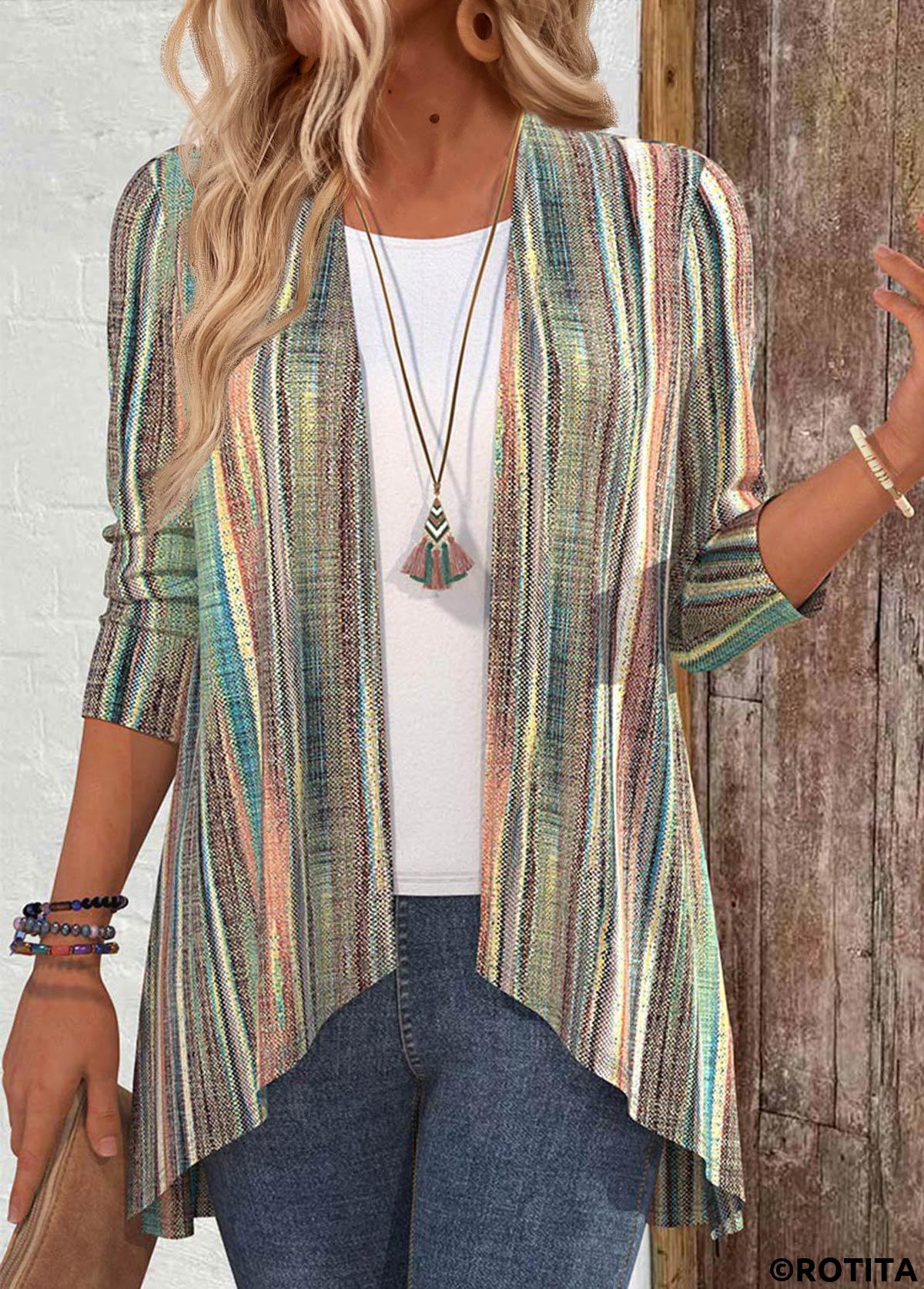 Multi Color tops,Striped tops,Geometric tops,ROTITA Ruffle Multi Stripe Print 3/4 Sleeve Light Cardigan