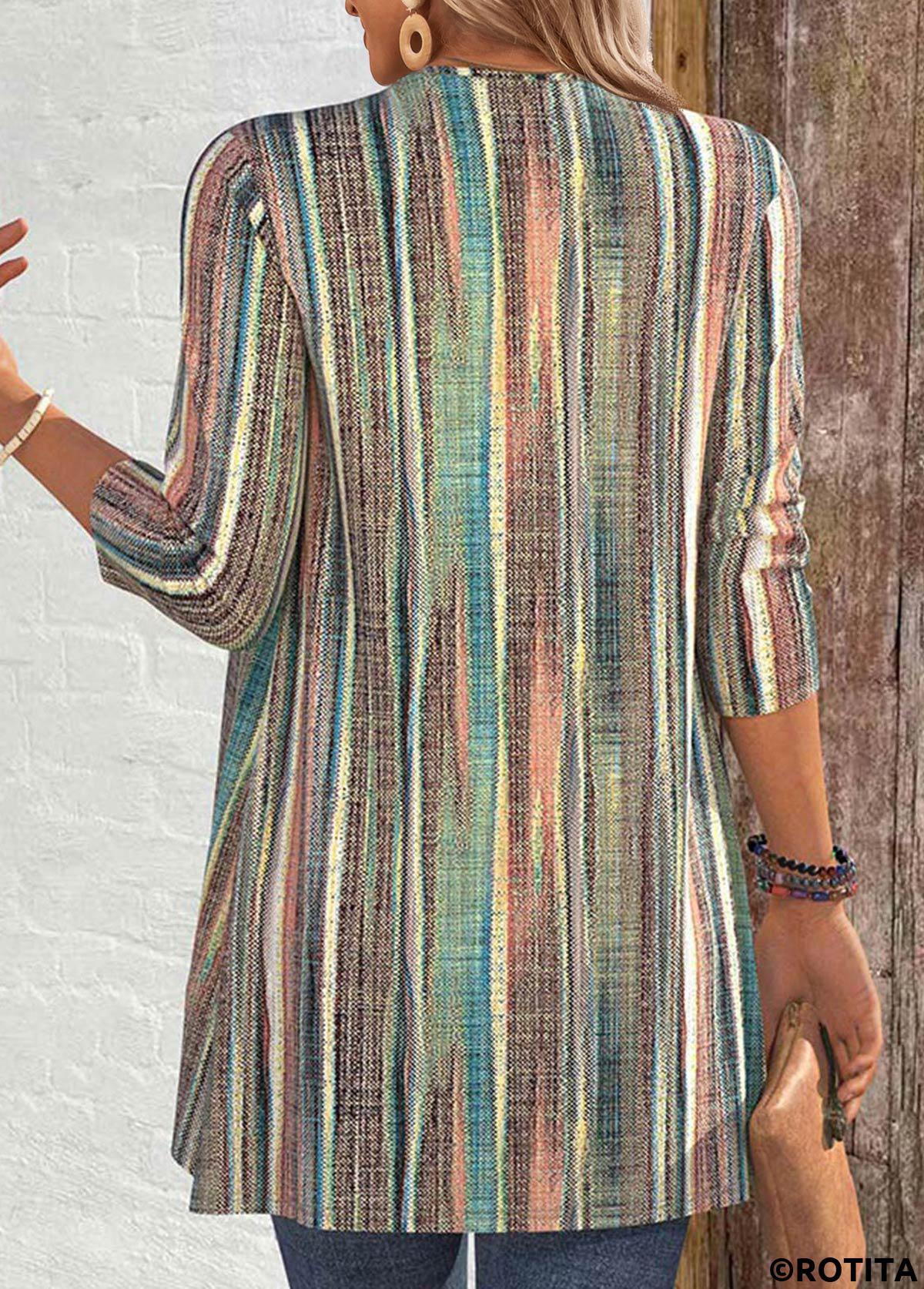 Multi Color tops,Striped tops,Geometric tops,ROTITA Ruffle Multi Stripe Print 3/4 Sleeve Light Cardigan