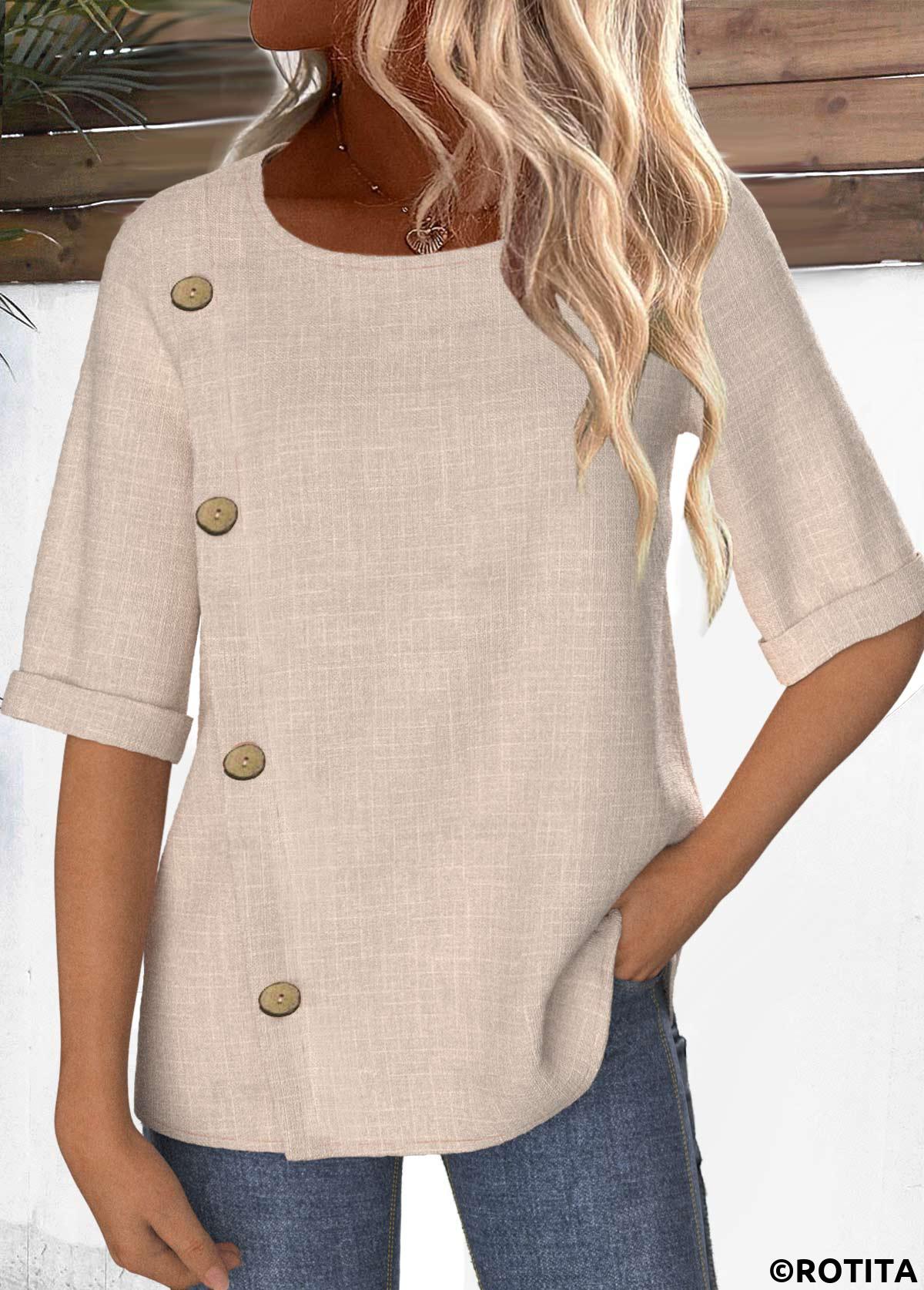 Light Camel tops,Plain Color tops,ROTITA Button Light Camel Round Neck Half Sleeve Blouse