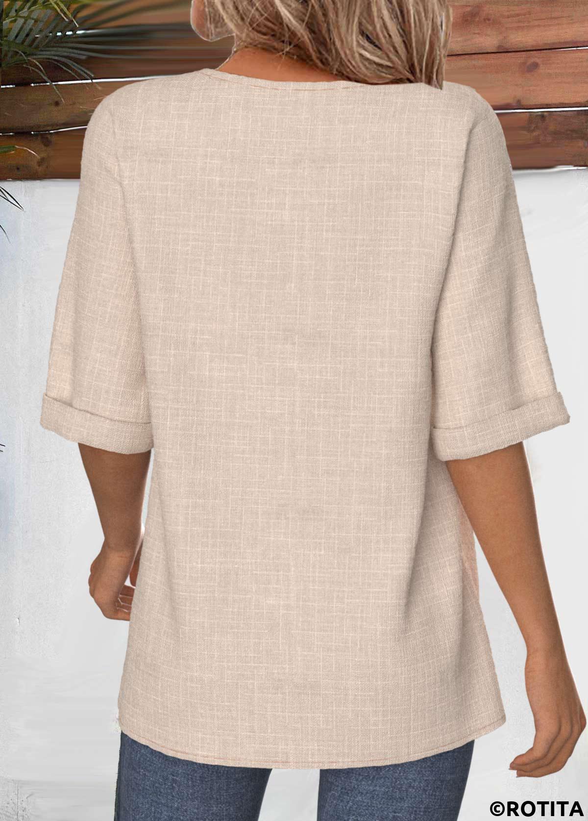 Light Camel tops,Plain Color tops,ROTITA Button Light Camel Round Neck Half Sleeve Blouse