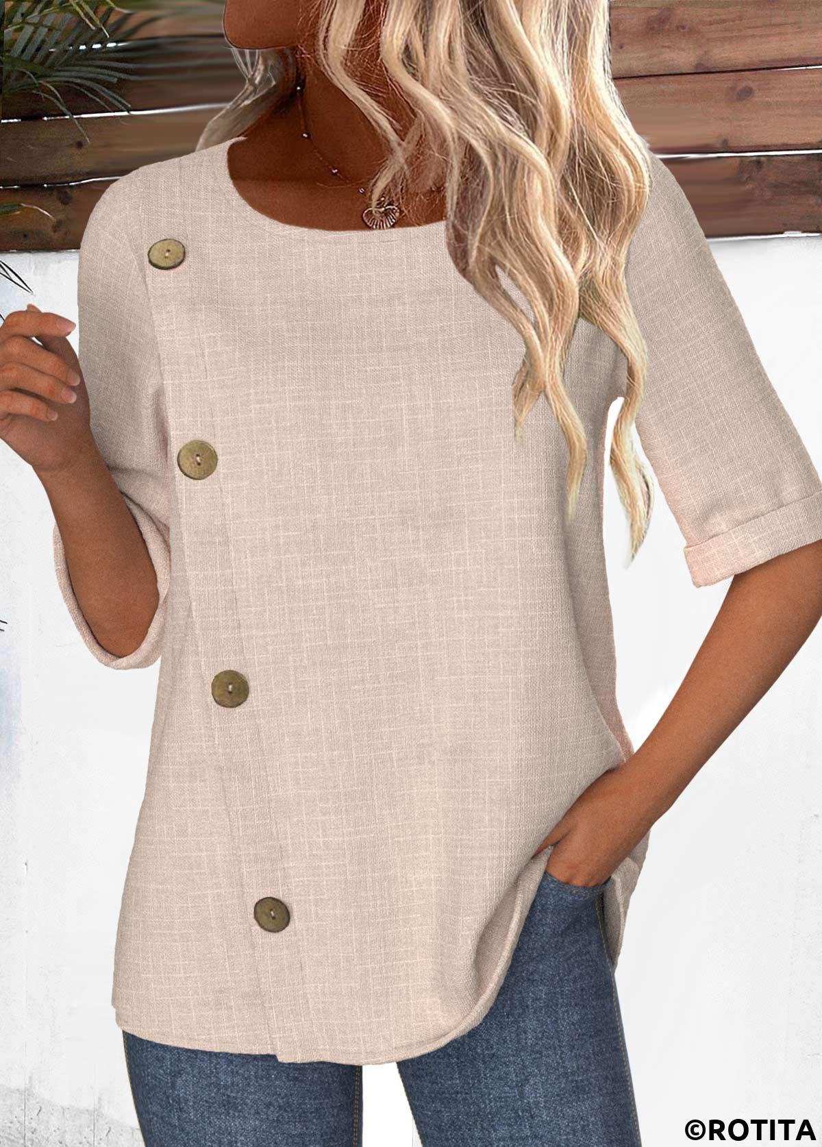 Light Camel tops,Plain Color tops,ROTITA Button Light Camel Round Neck Half Sleeve Blouse