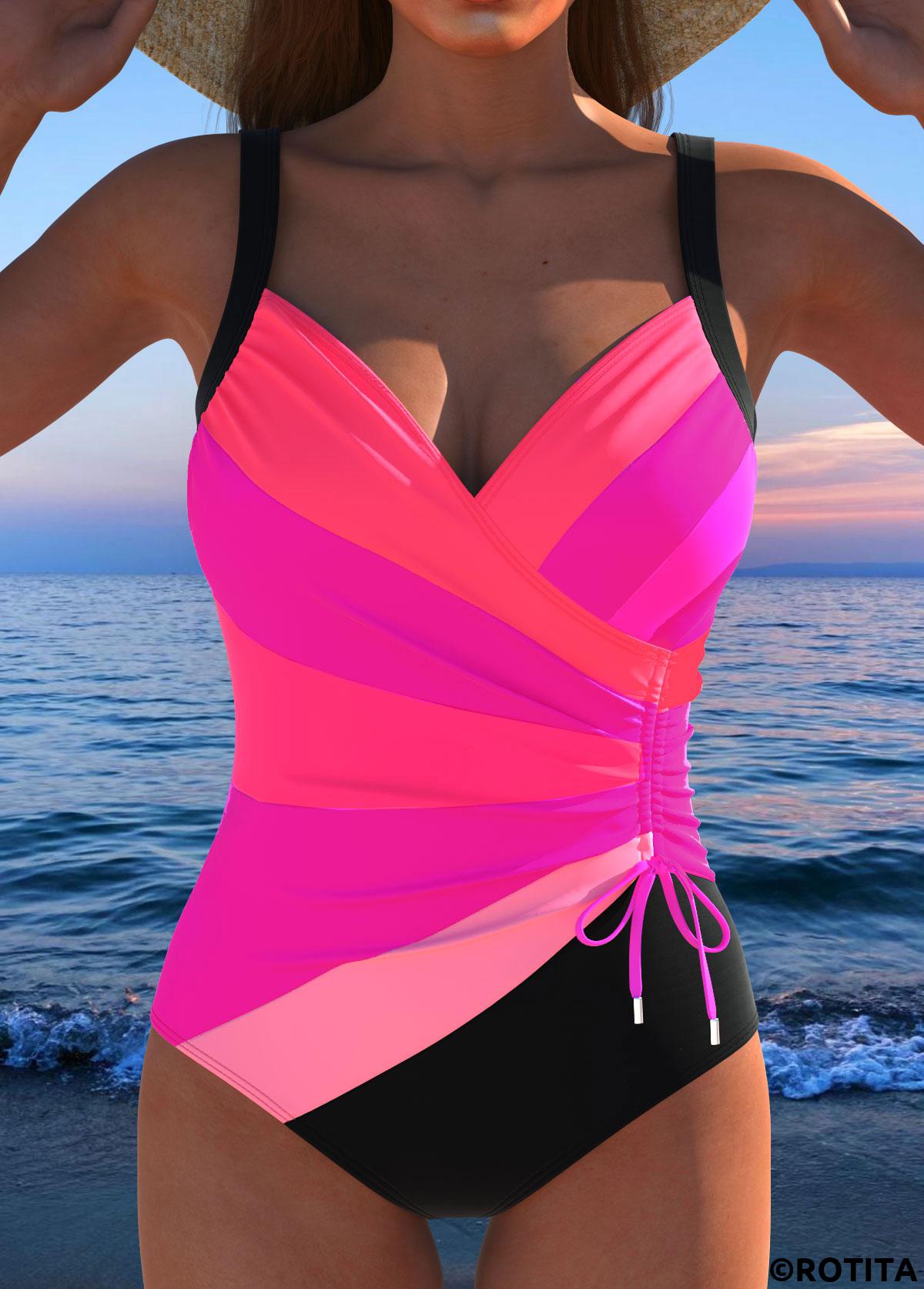 Hot Pink swimwear,Striped swimwear,Geometric swimwear,ROTITA Drawstring Hot Pink Multi Stripe Print One Piece Swimwear