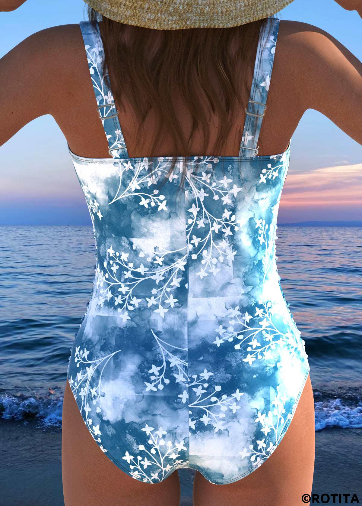 Dusty Blue swimwear,Floral swimwear,Plants swimwear,ROTITA Bowknot Dusty Blue Floral Print One Piece Swimwear