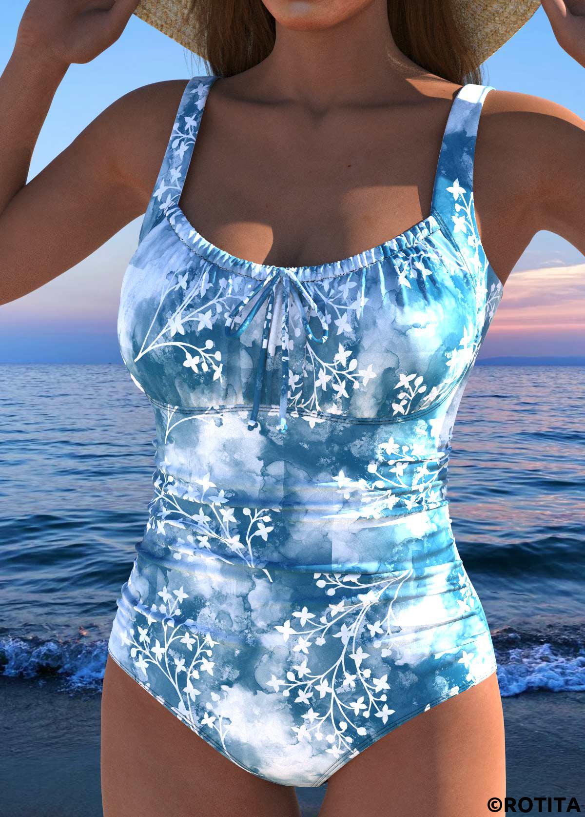 Dusty Blue swimwear,Floral swimwear,Plants swimwear,ROTITA Bowknot Dusty Blue Floral Print One Piece Swimwear