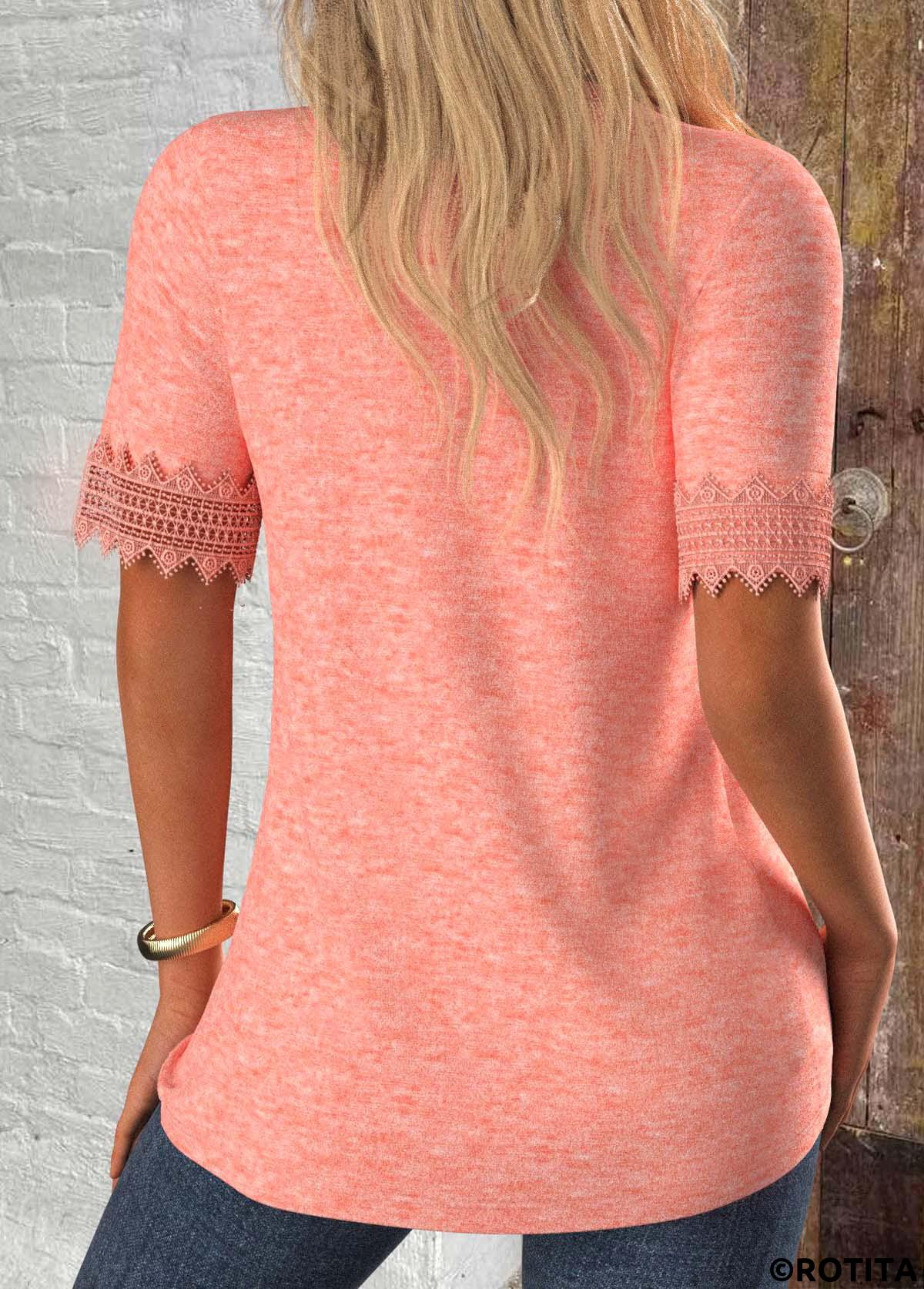Rotita Patchwork-T-Shirt in Rosa mit V-Ausschnitt und kurzen Ärmeln