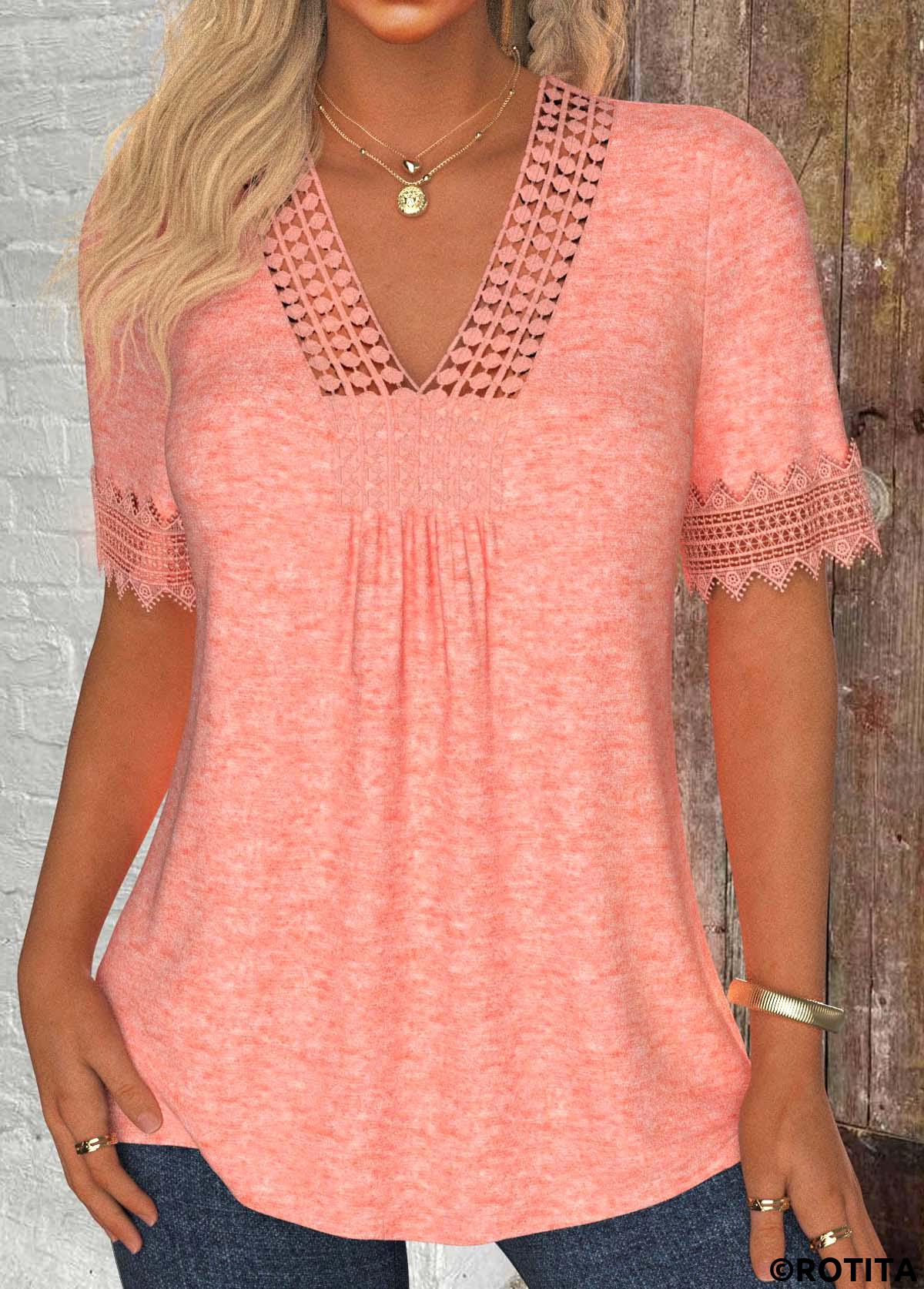 Rotita Patchwork-T-Shirt in Rosa mit V-Ausschnitt und kurzen Ärmeln