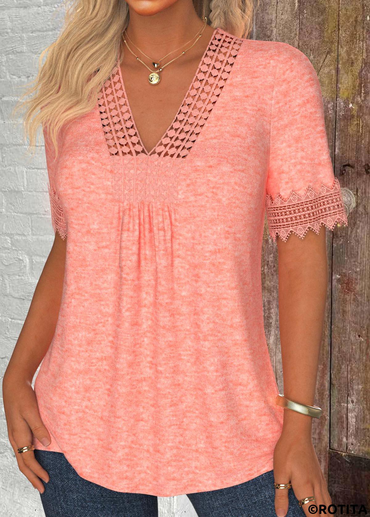 Rotita Patchwork-T-Shirt in Rosa mit V-Ausschnitt und kurzen Ärmeln