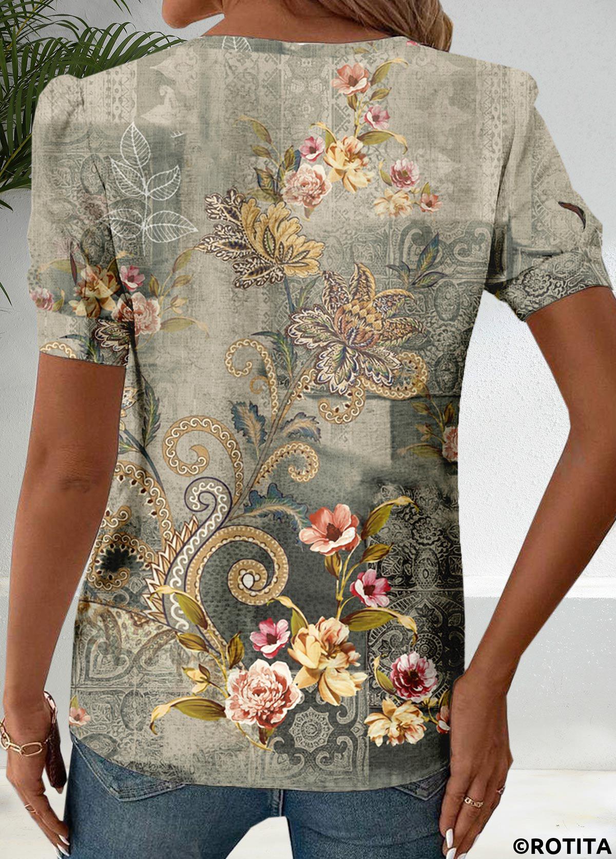 Rotita – T-Shirt mit Rundhalsausschnitt und Patchwork-Blumendruck in Salbeigrün