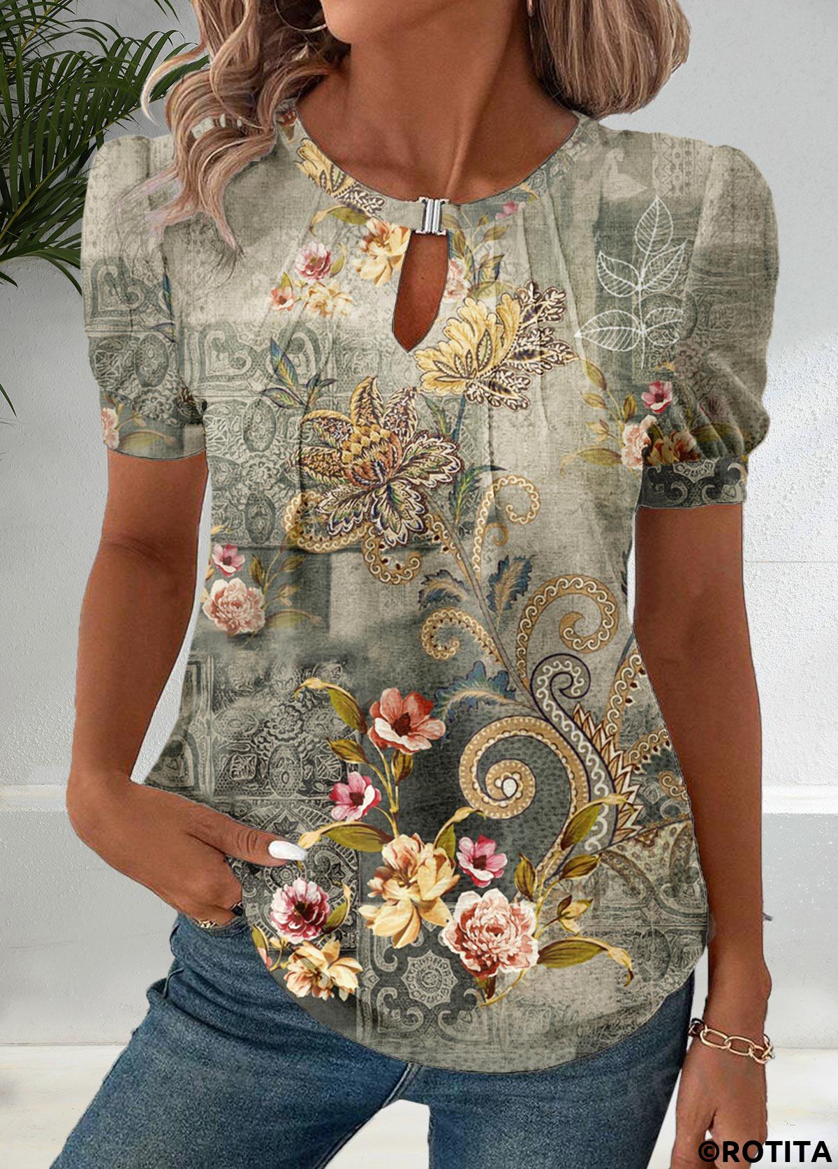 Rotita – T-Shirt mit Rundhalsausschnitt und Patchwork-Blumendruck in Salbeigrün