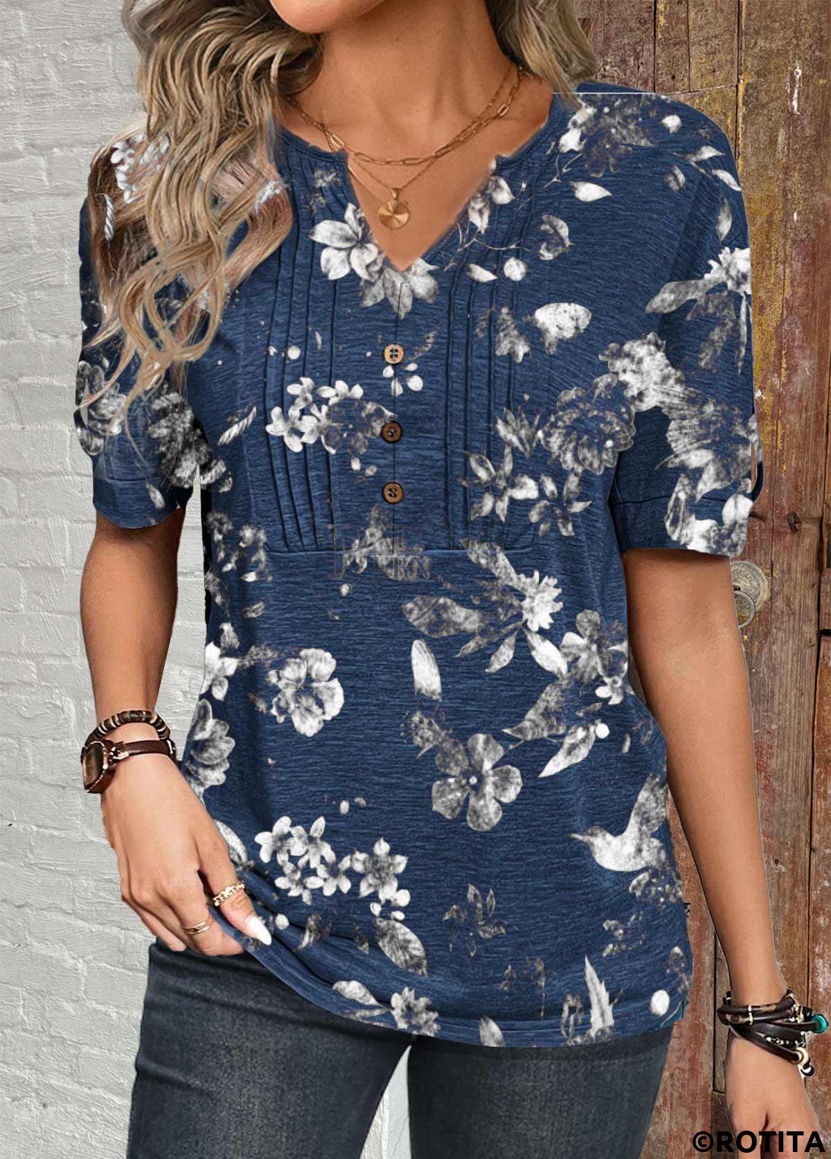 Dark Blue tops,Floral tops,Plants tops,ROTITA Button Floral Print Dark Blue Split Neck T Shirt