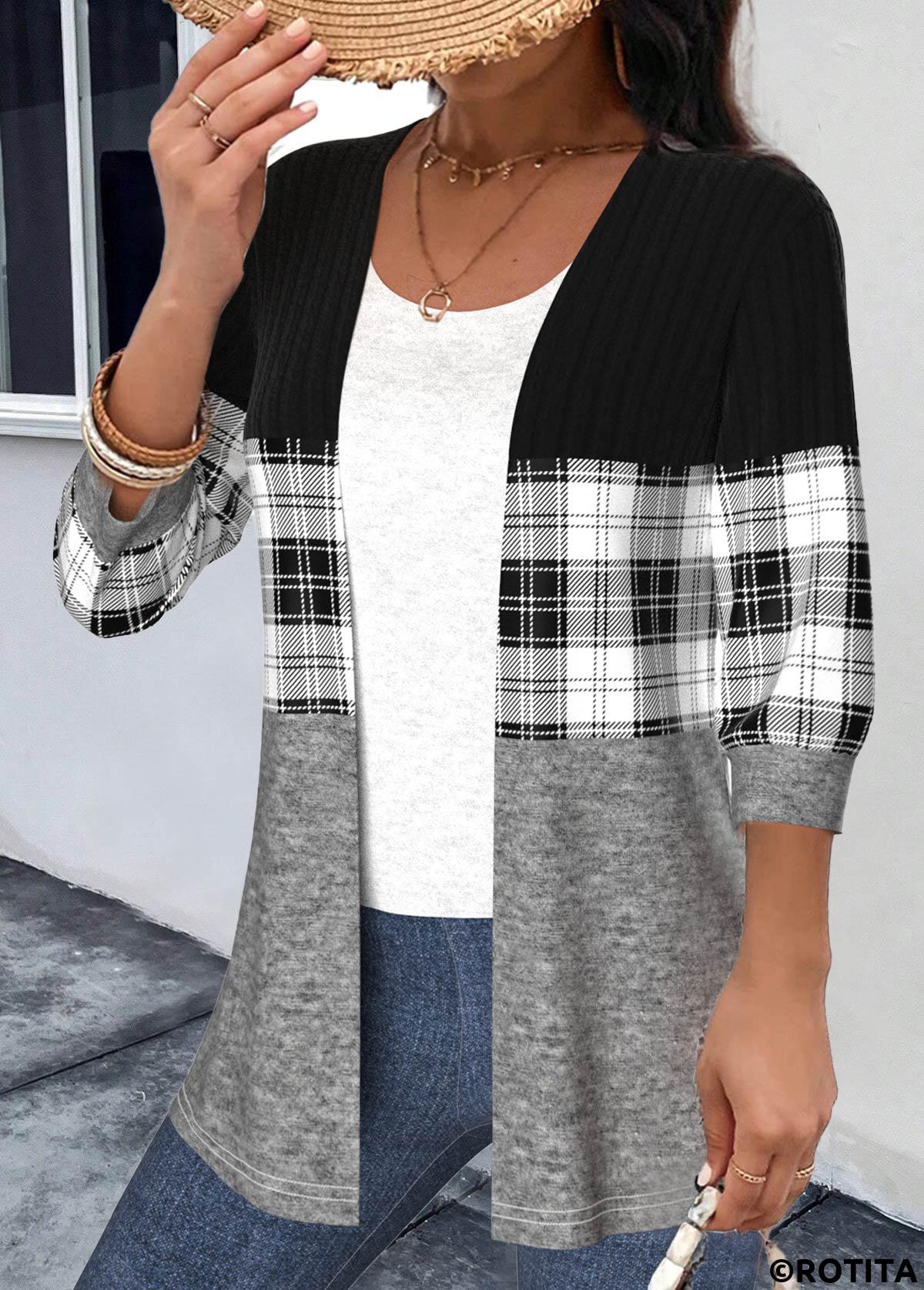 Black tops,Grey tops,Plaid tops,Striped tops,Geometric tops,ROTITA Patchwork Plaid Black Round Neck 3/4 Sleeve Light Cardigan