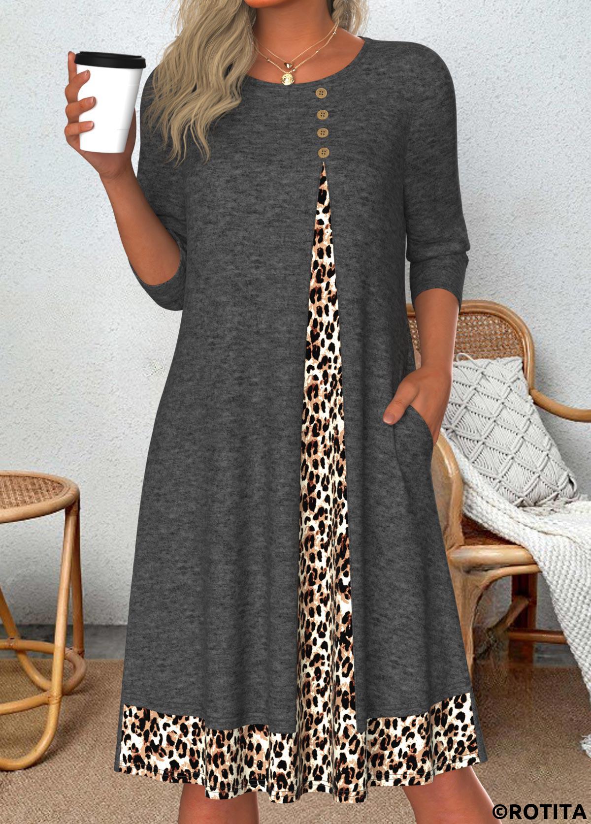 Dark Grey Marl dresses,Leopard dresses,Everyday dresses,Casual dresses,ROTITA Patchwork Leopard Dark Grey Marl A Line Dress