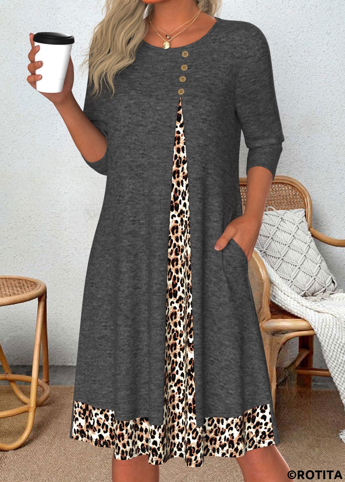 Dark Grey Marl dresses,Leopard dresses,Everyday dresses,Casual dresses,ROTITA Patchwork Leopard Dark Grey Marl A Line Dress