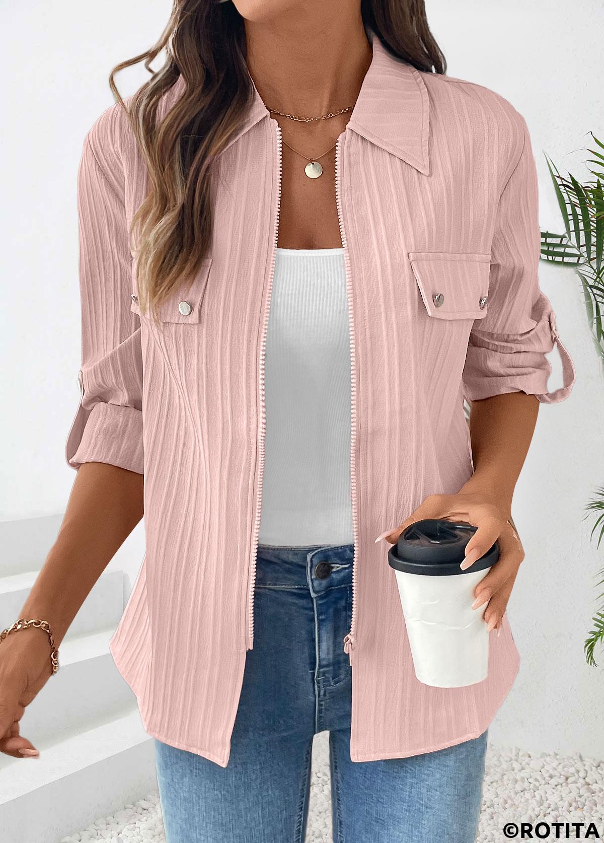 chemise à manches longues rose poussiéreux à fermeture éclair rotita