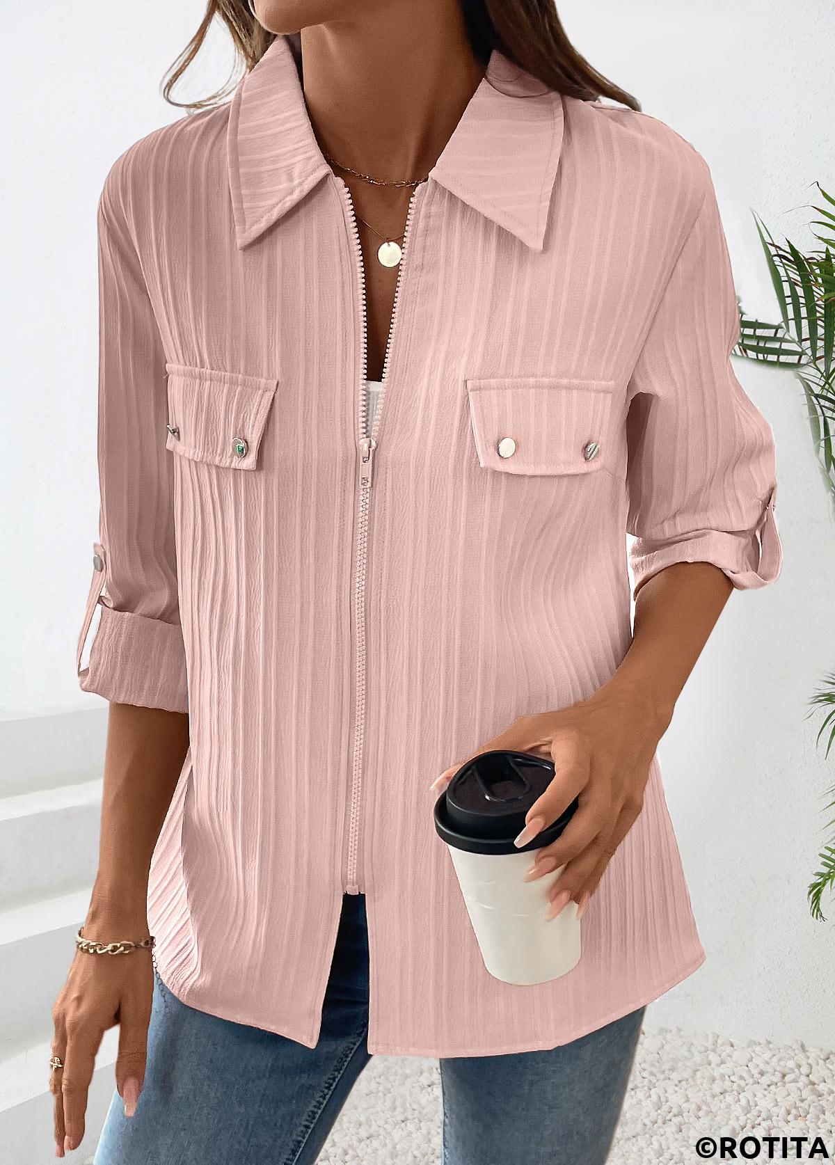 chemise à manches longues rose poussiéreux à fermeture éclair rotita