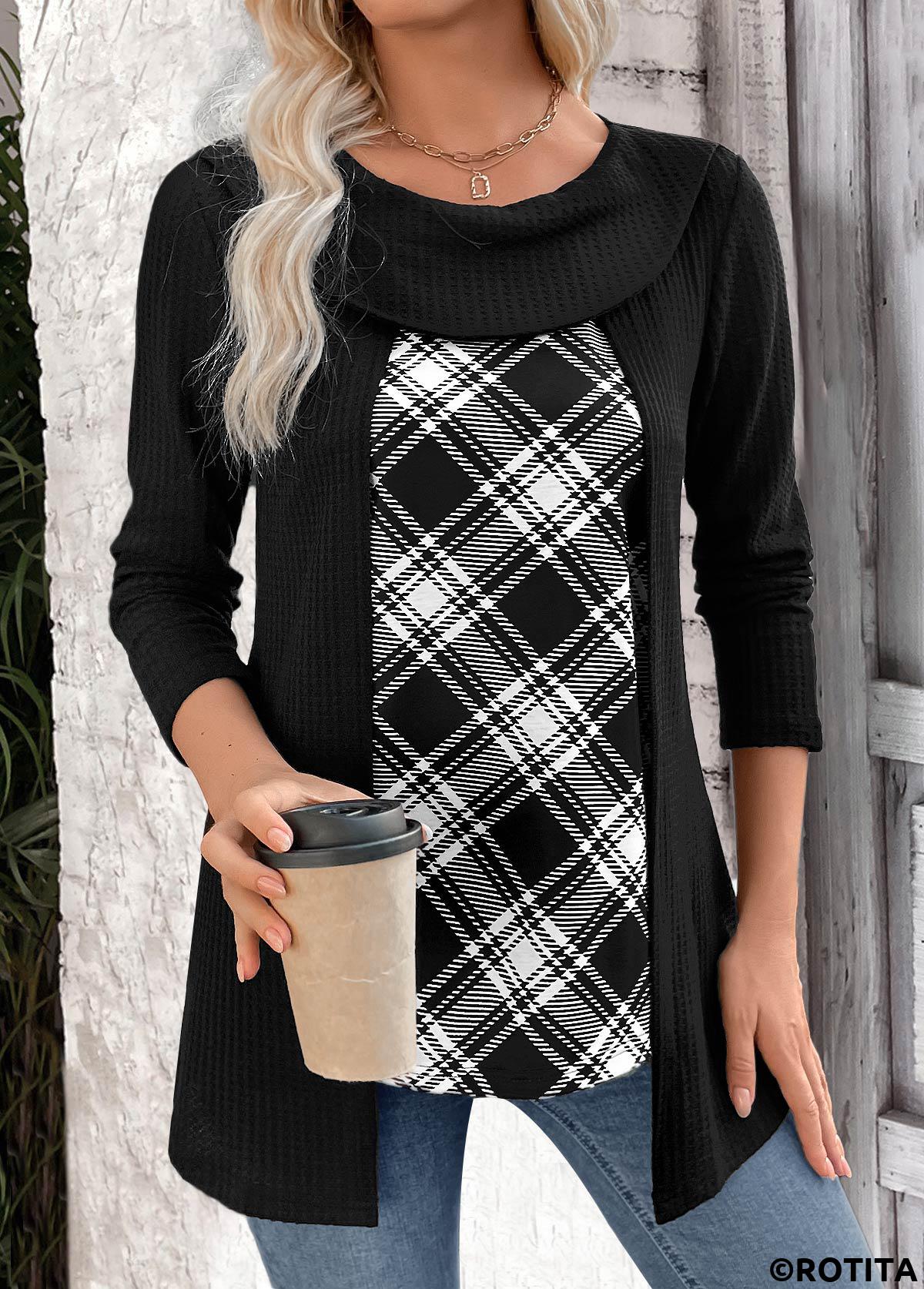 ROTITA Plaid Black Round Neck Fake Two Piece Twinset