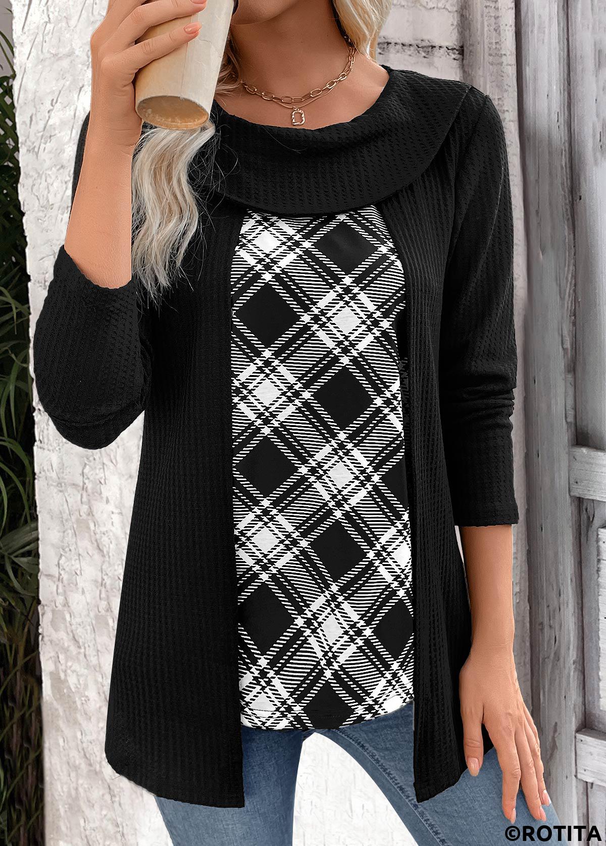 ROTITA Plaid Black Round Neck Fake Two Piece Twinset