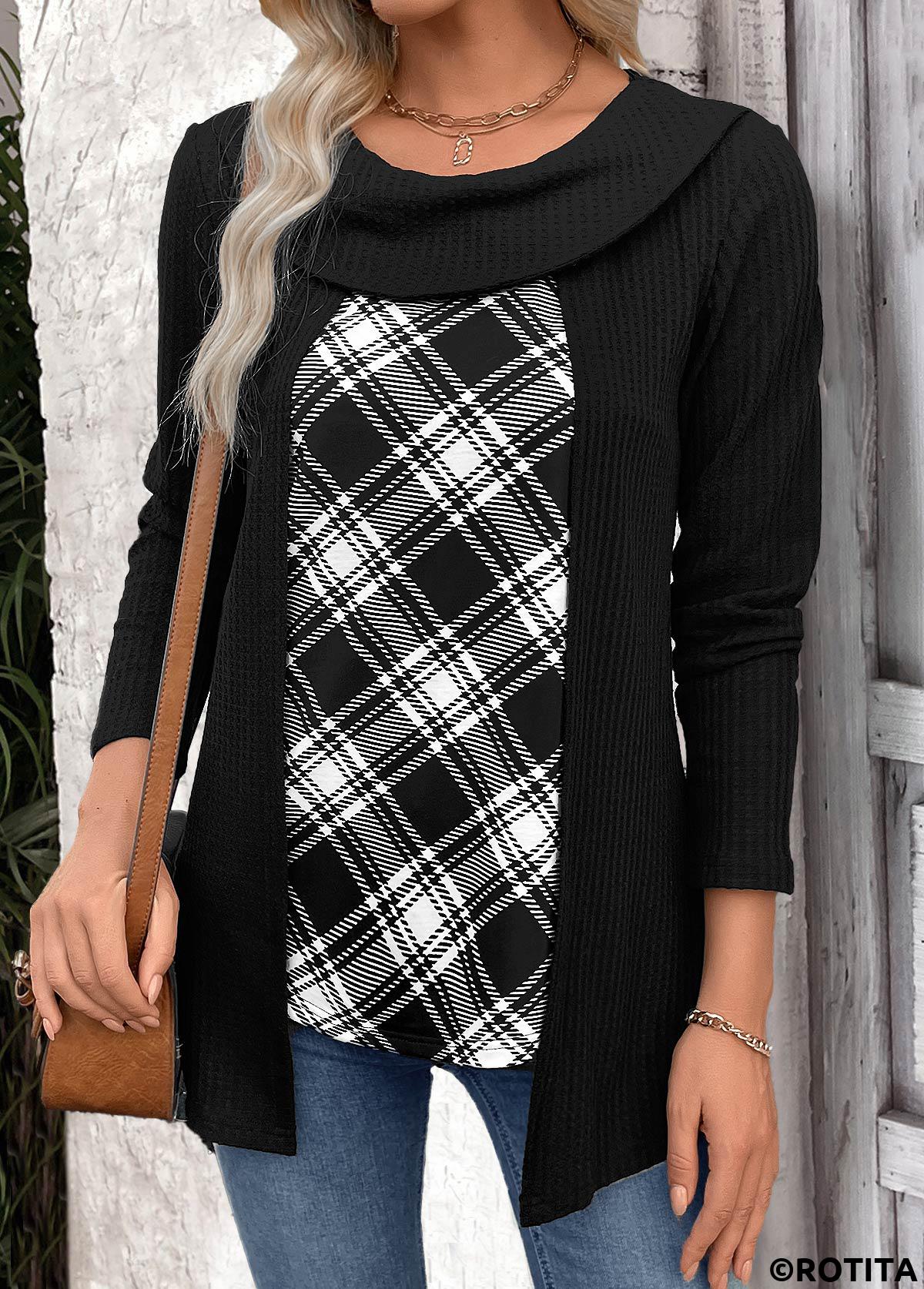ROTITA Plaid Black Round Neck Fake Two Piece Twinset