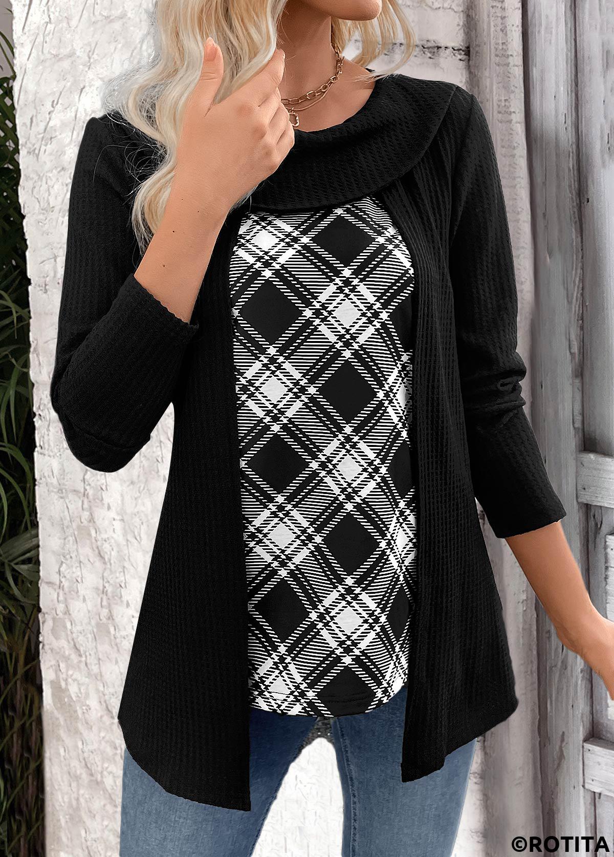 ROTITA Plaid Black Round Neck Fake Two Piece Twinset