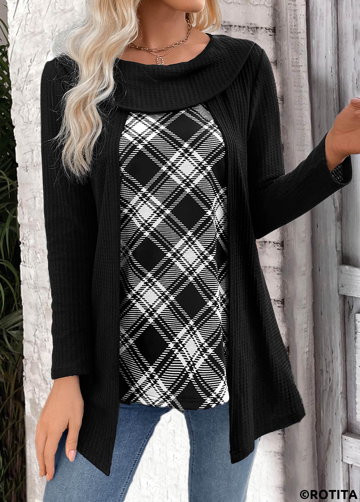 ROTITA Plaid Black Round Neck Fake Two Piece Twinset
