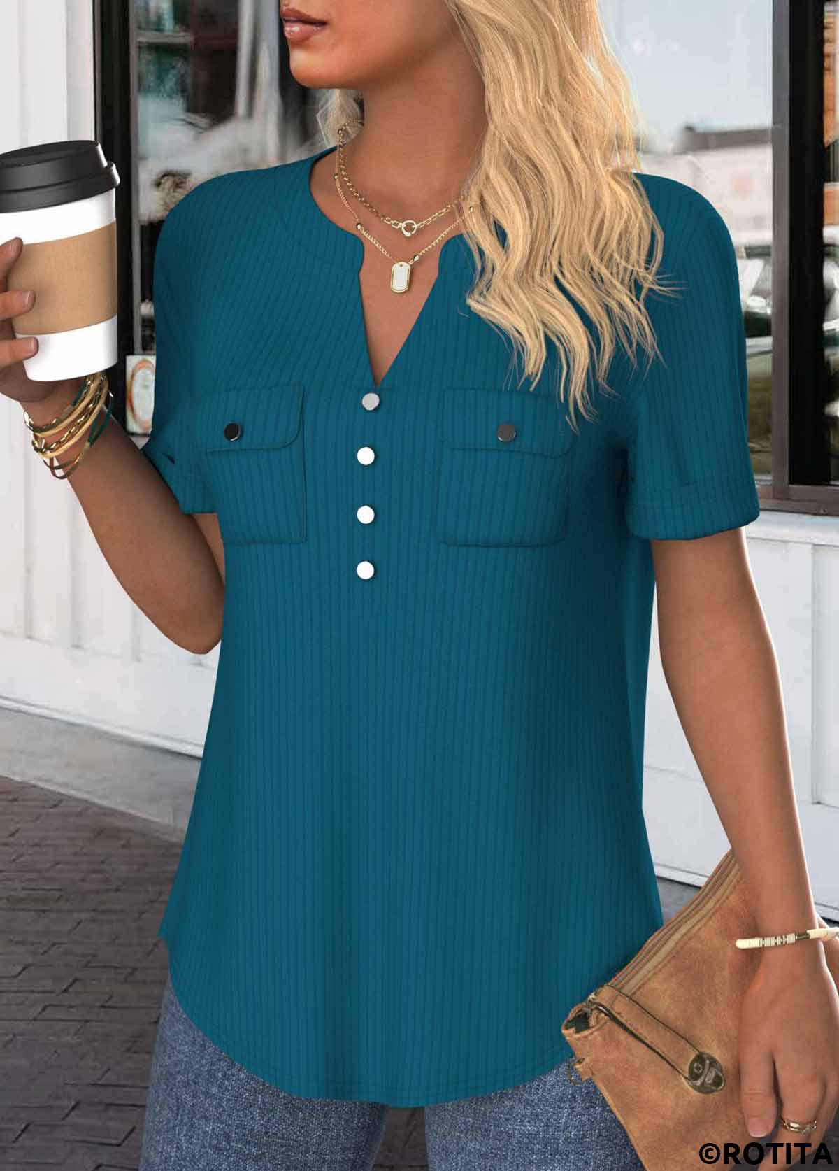 Peacock Blue tops,Plain Color tops,ROTITA Button Peacock Blue Split Neck Short Sleeve Blouse