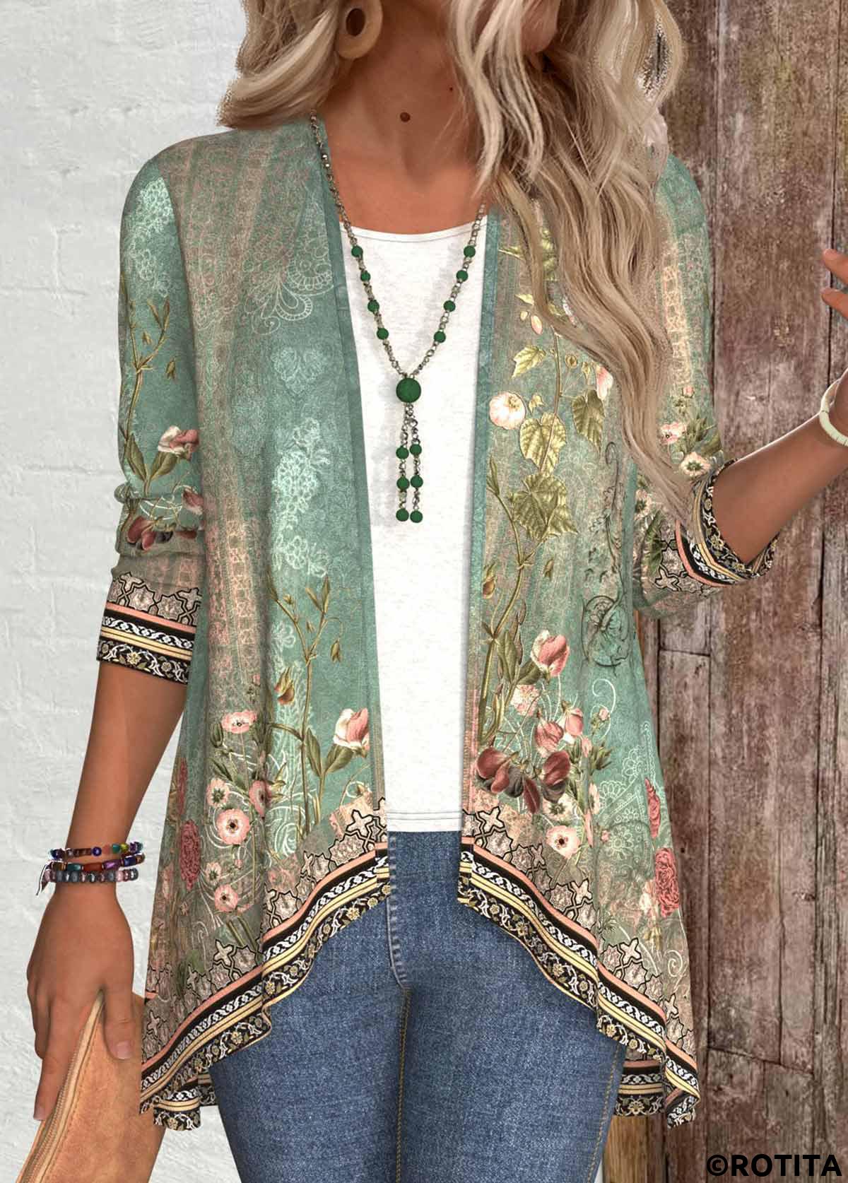 Sage Green tops,Floral tops,Plants tops,ROTITA Patchwork Floral Print Sage Green Long Sleeve Light Cardigan