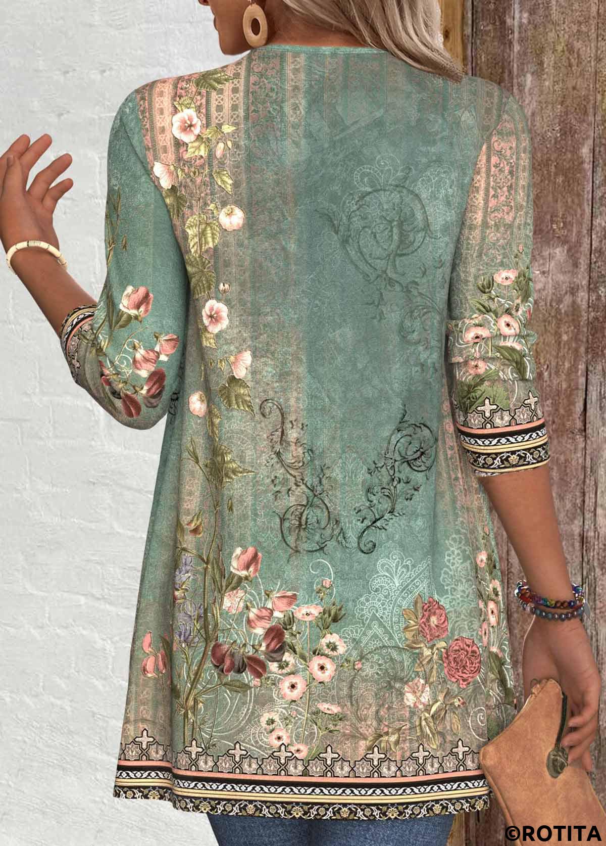 Sage Green tops,Floral tops,Plants tops,ROTITA Patchwork Floral Print Sage Green Long Sleeve Light Cardigan