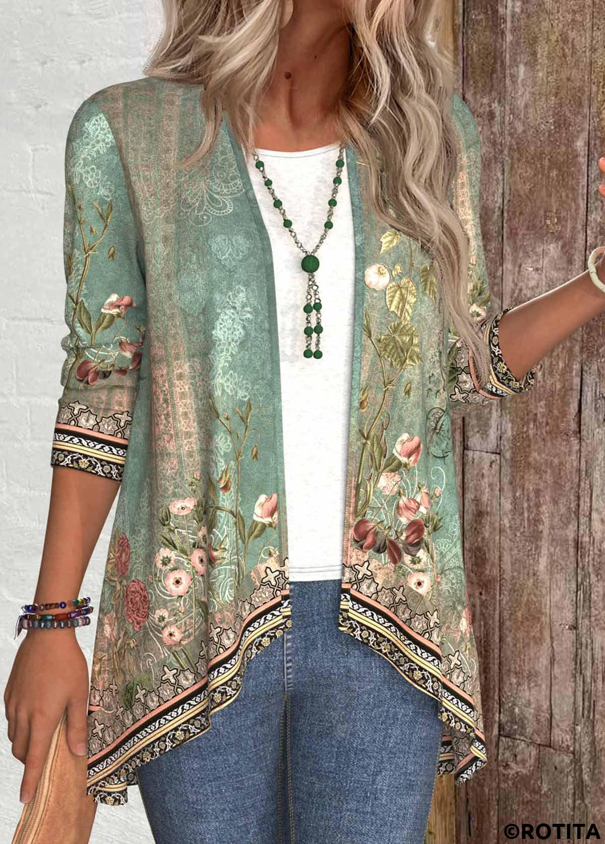 Sage Green tops,Floral tops,Plants tops,ROTITA Patchwork Floral Print Sage Green Long Sleeve Light Cardigan
