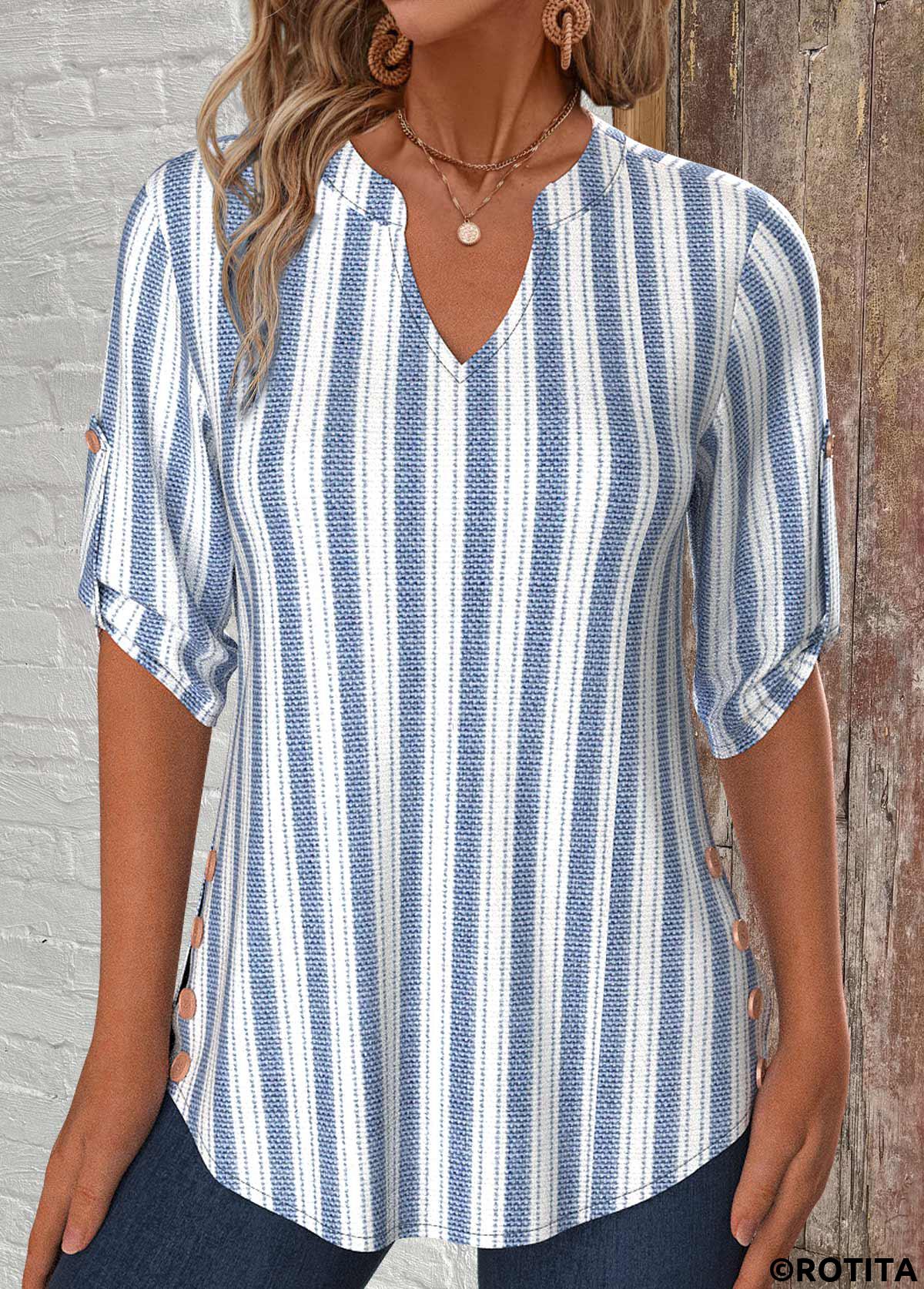 White tops,Striped tops,Geometric tops,ROTITA Button Striped White Split Neck 3/4 Sleeve Blouse