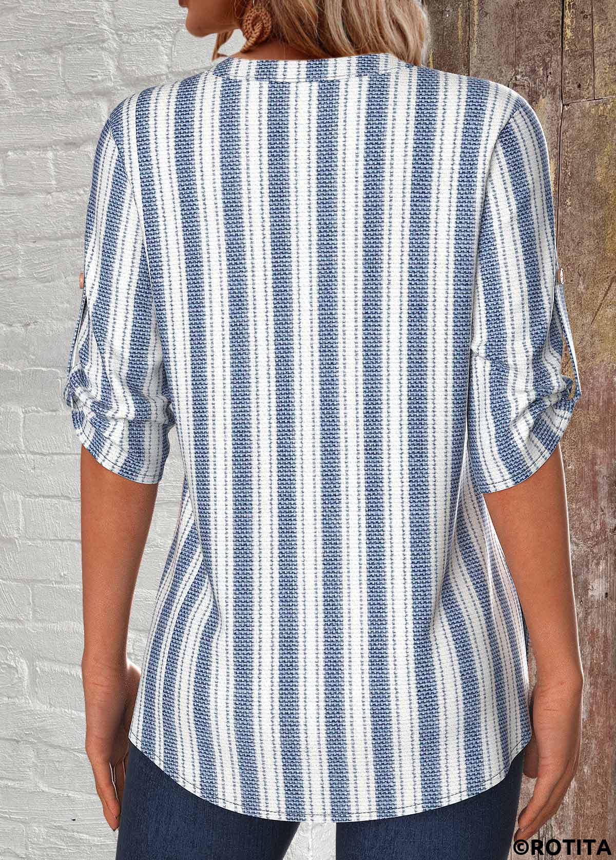 White tops,Striped tops,Geometric tops,ROTITA Button Striped White Split Neck 3/4 Sleeve Blouse