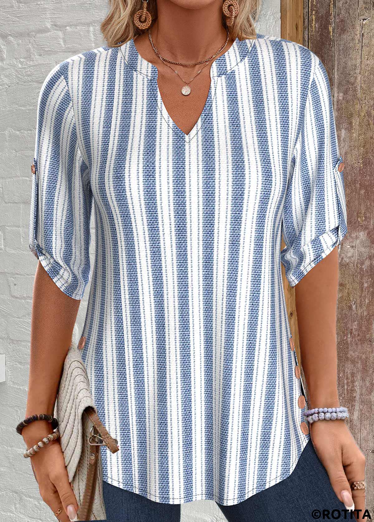 White tops,Striped tops,Geometric tops,ROTITA Button Striped White Split Neck 3/4 Sleeve Blouse