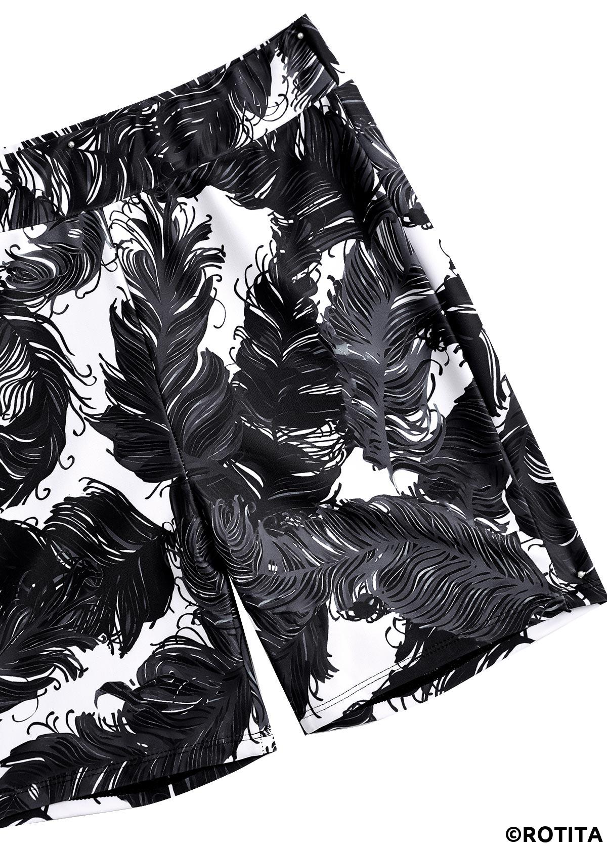 Black plus size,Tribal plus size,ROTITA Plus Size Surplice Feathers Print Black Tankini Set