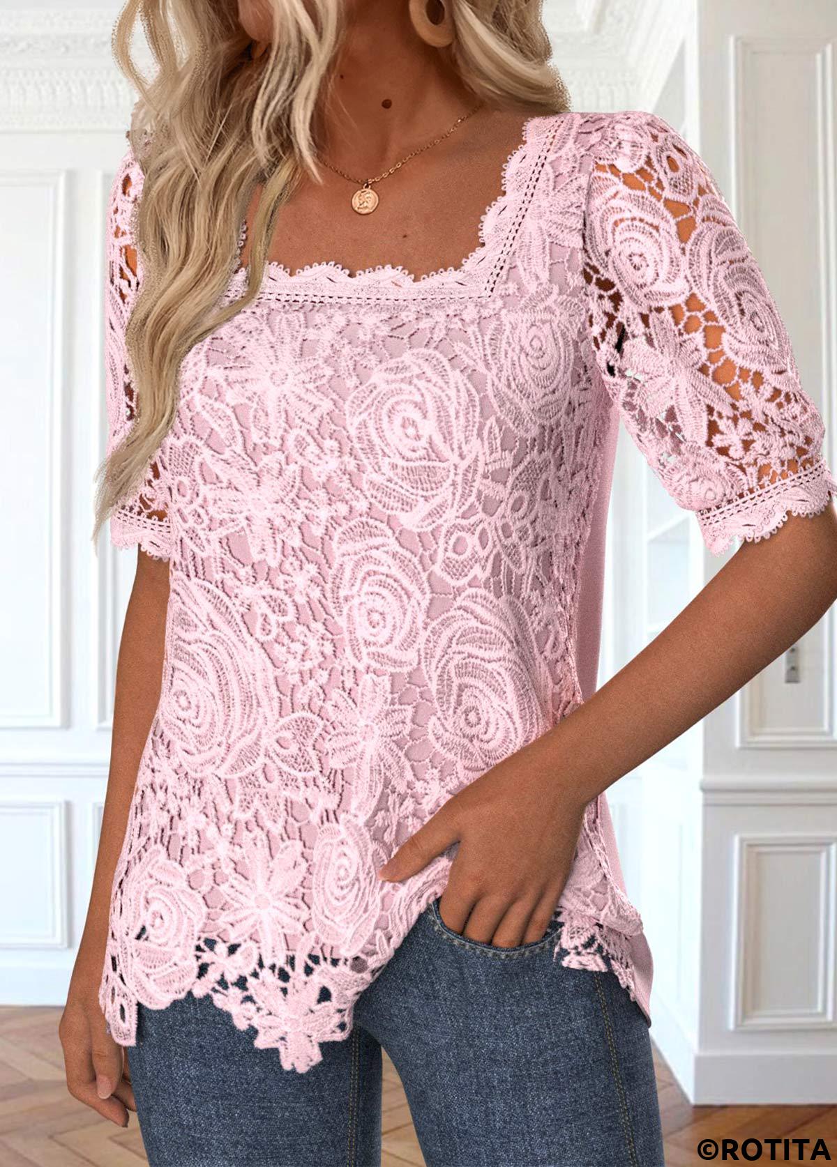Pink tops,Plain Color tops,ROTITA Lace Pink Square Neck Half Sleeve Blouse
