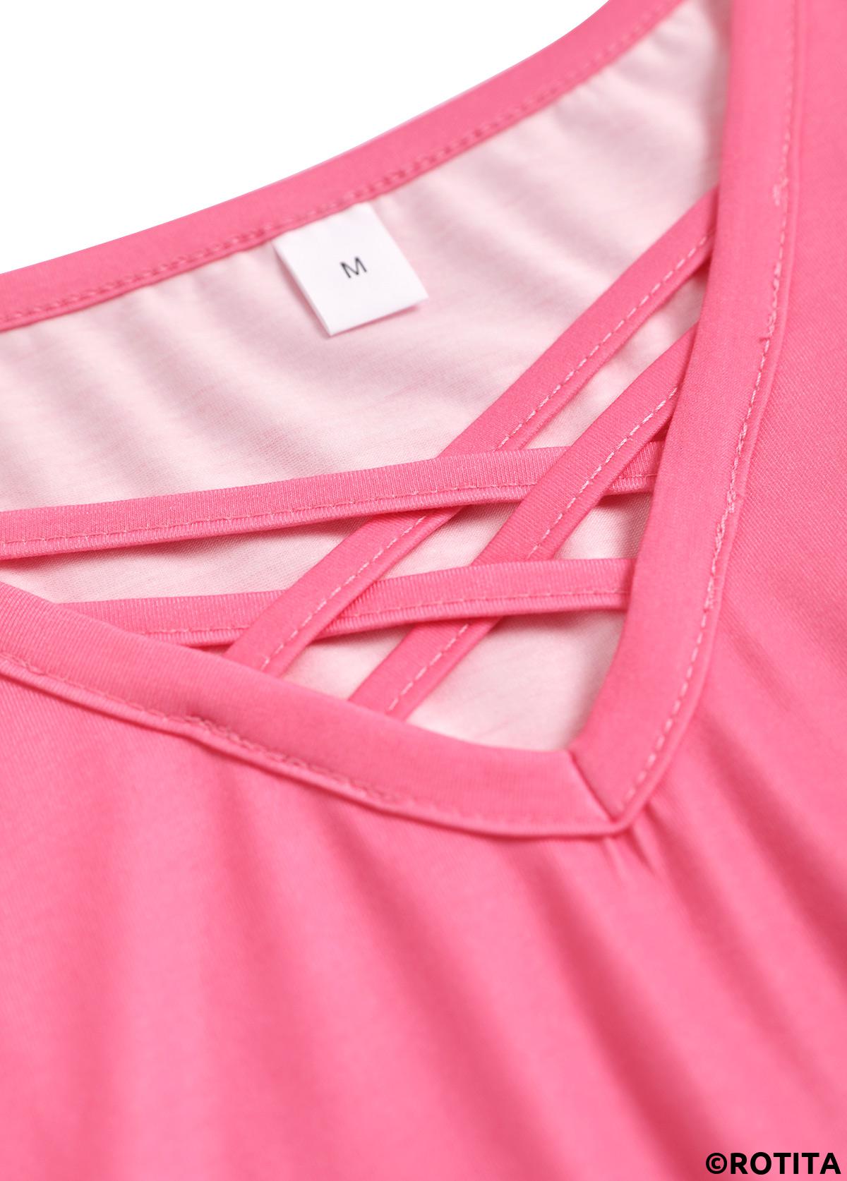 Pink tops,Ombre tops,Geometric tops,ROTITA Criss Cross Ombre Pink V Neck T Shirt