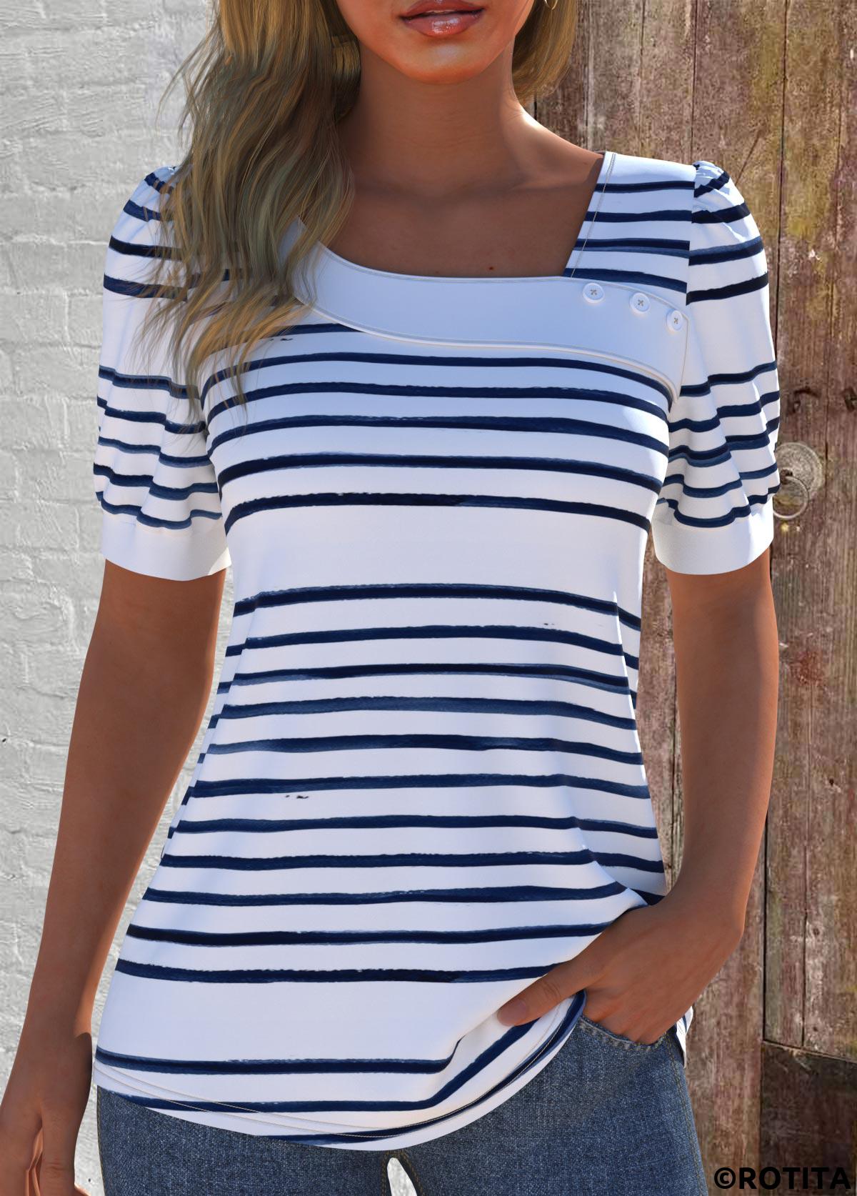 White tops,Striped tops,Geometric tops,ROTITA Asymmetry Striped White Asymmetrical Neck Short Sleeve T Shirt