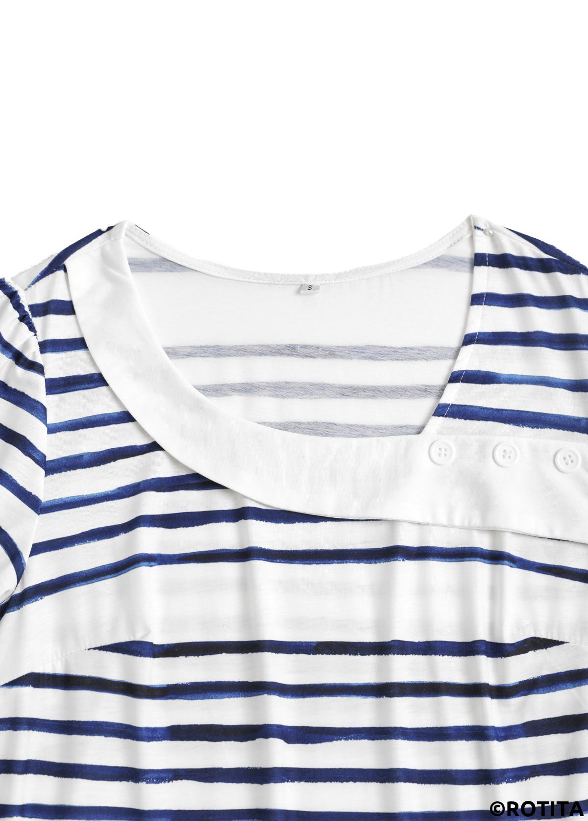 White tops,Striped tops,Geometric tops,ROTITA Asymmetry Striped White Asymmetrical Neck Short Sleeve T Shirt