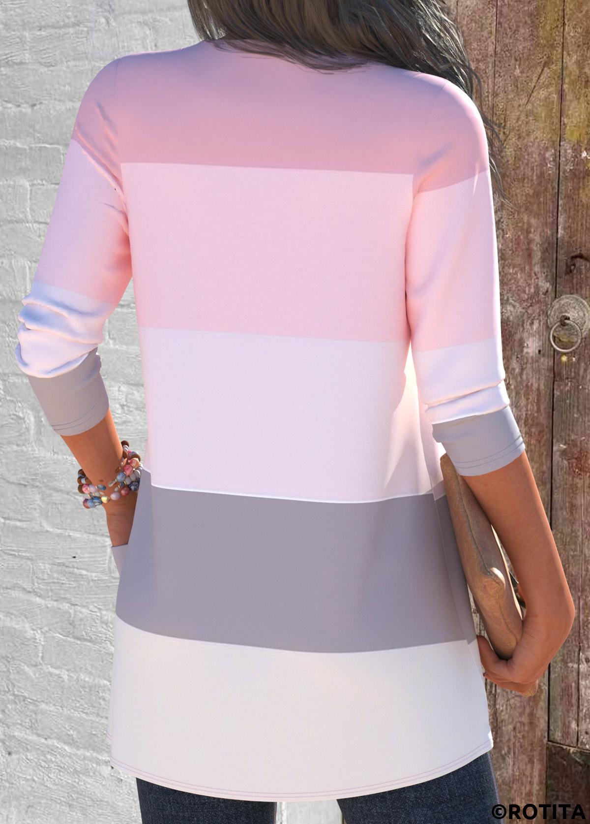 Pink tops,Striped tops,Contrast Color tops,ROTITA Plus Size Two Piece Striped Cardigan  and Tank Top