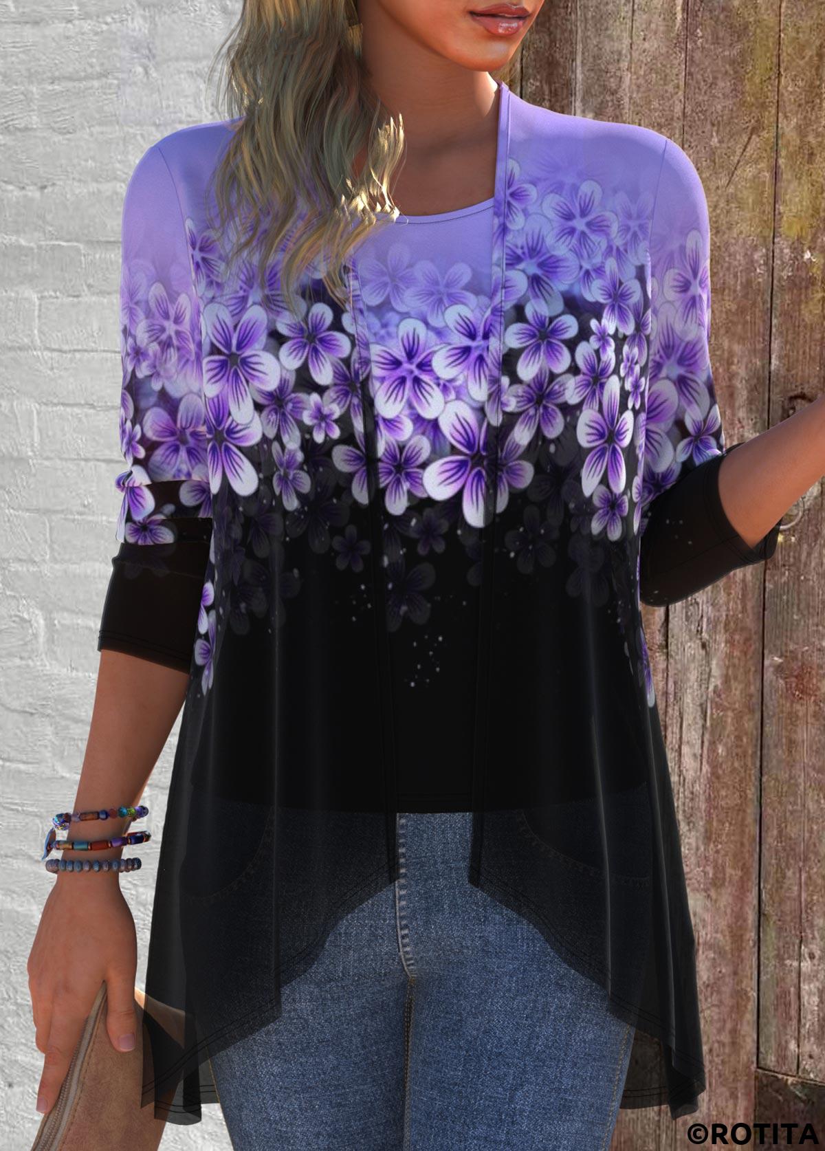 Purple tops,Floral tops,Plants tops,Ombre tops,ROTITA Two Piece Floral Print Purple Cardigan and Tank Top