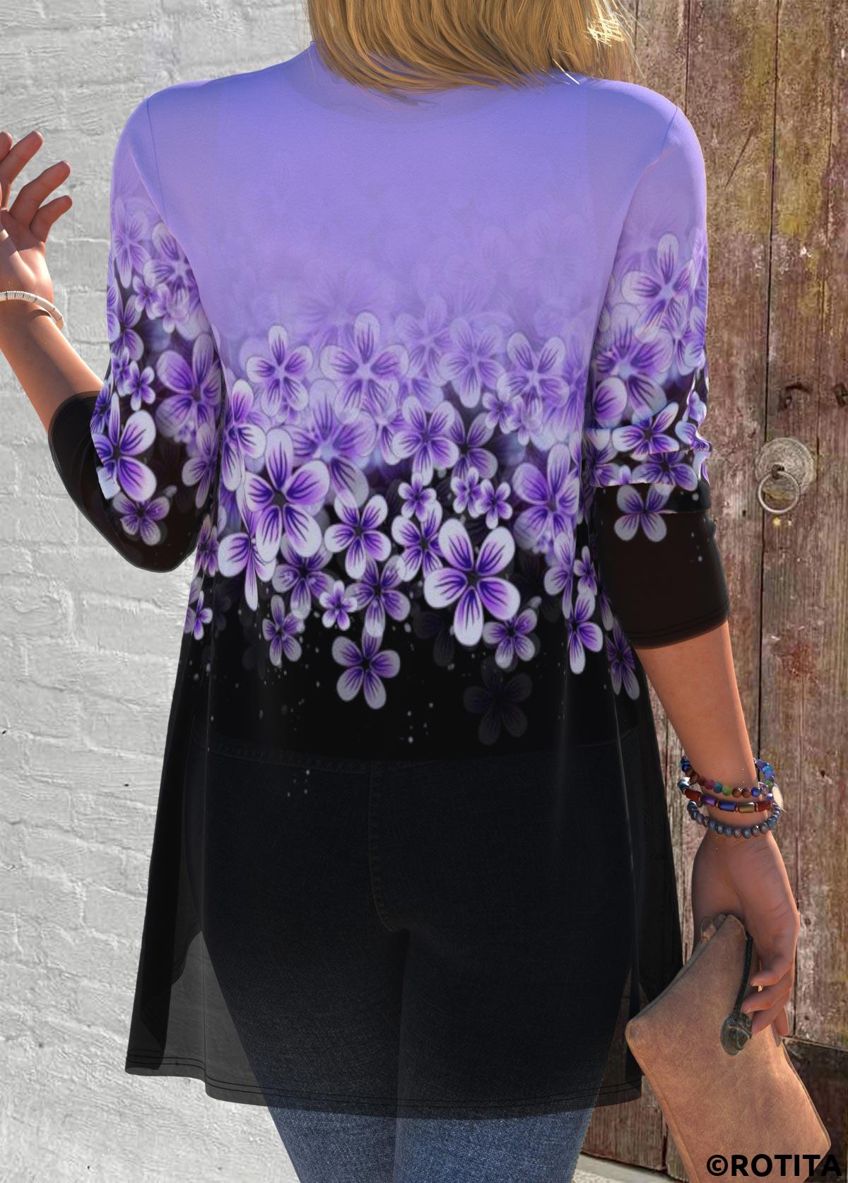 Purple tops,Floral tops,Plants tops,Ombre tops,ROTITA Two Piece Floral Print Purple Cardigan and Tank Top