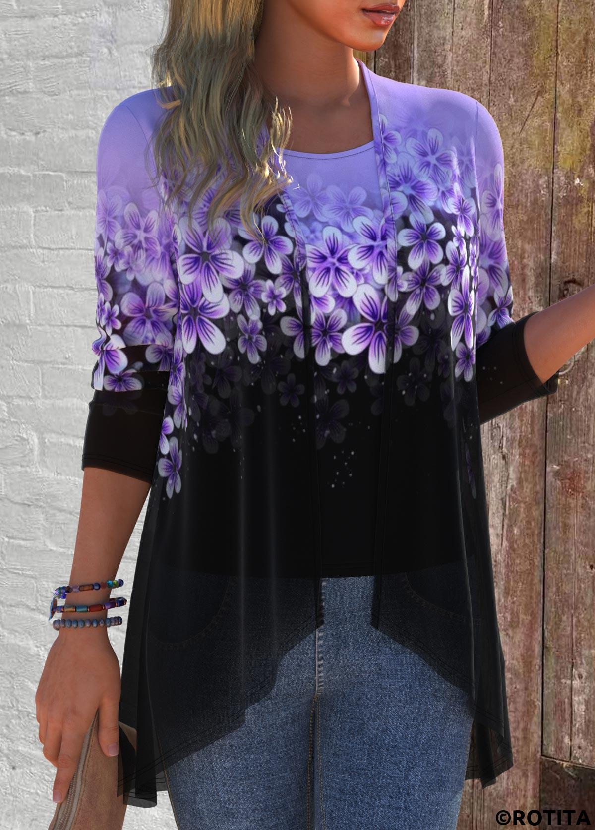 Purple tops,Floral tops,Plants tops,Ombre tops,ROTITA Two Piece Floral Print Purple Cardigan and Tank Top