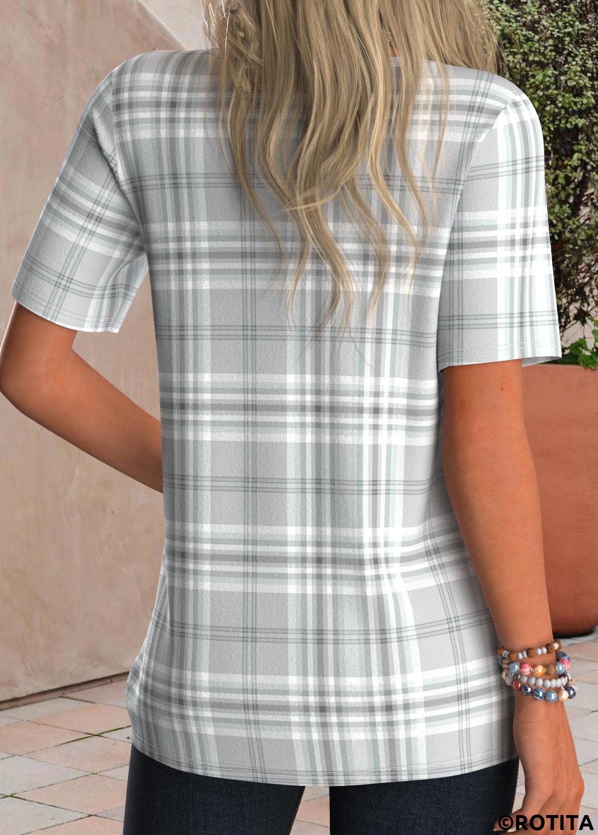 Grey tops,Plaid tops,Striped tops,Geometric tops,ROTITA Tuck Stitch Plaid Grey Split Neck T Shirt