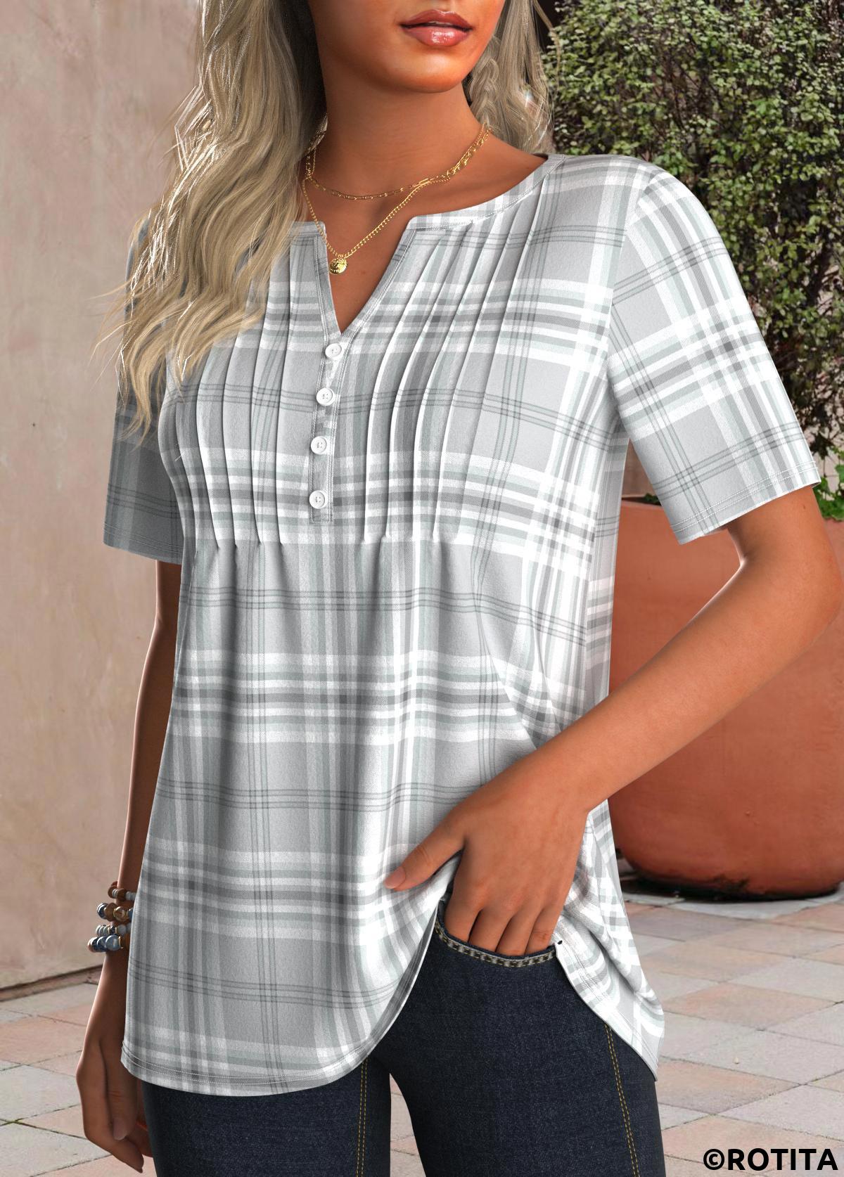 Grey tops,Plaid tops,Striped tops,Geometric tops,ROTITA Tuck Stitch Plaid Grey Split Neck T Shirt