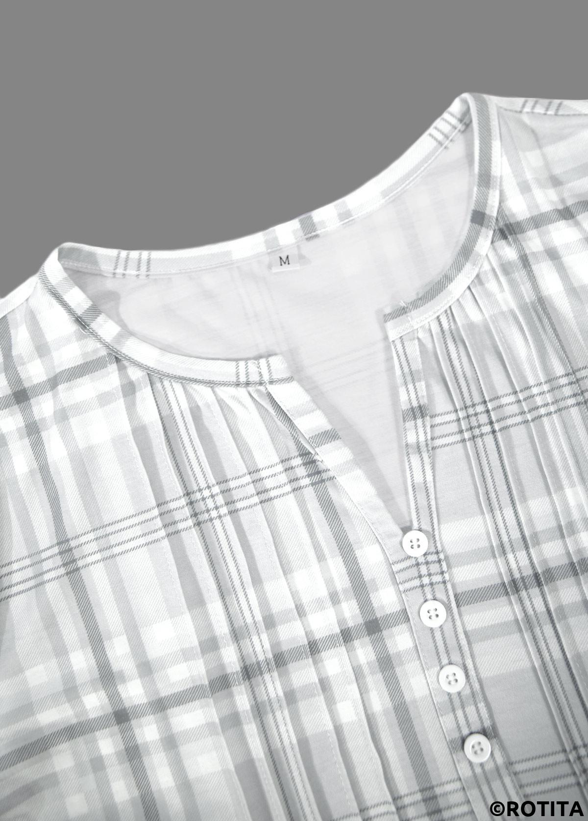 Grey tops,Plaid tops,Striped tops,Geometric tops,ROTITA Tuck Stitch Plaid Grey Split Neck T Shirt