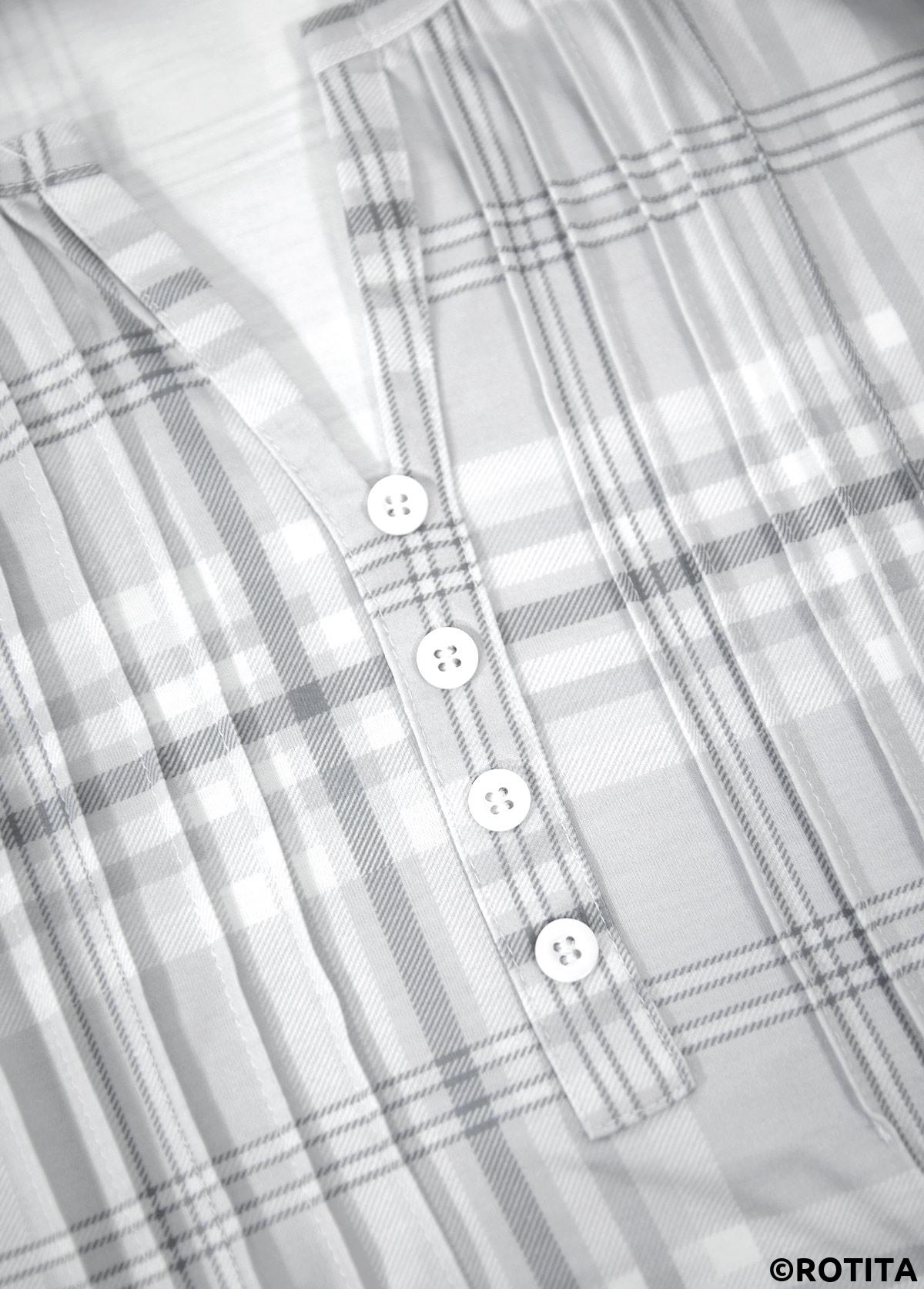 Grey tops,Plaid tops,Striped tops,Geometric tops,ROTITA Tuck Stitch Plaid Grey Split Neck T Shirt