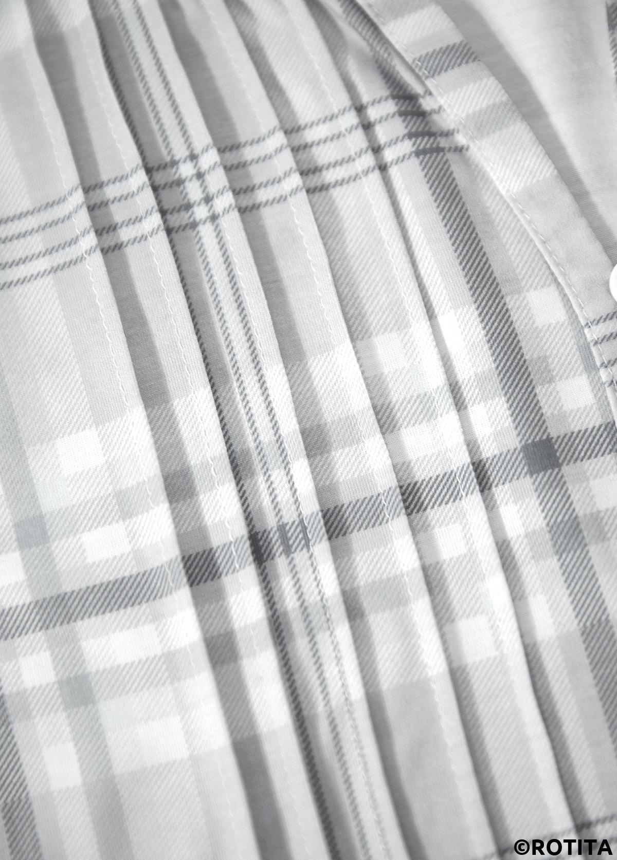 Grey tops,Plaid tops,Striped tops,Geometric tops,ROTITA Tuck Stitch Plaid Grey Split Neck T Shirt