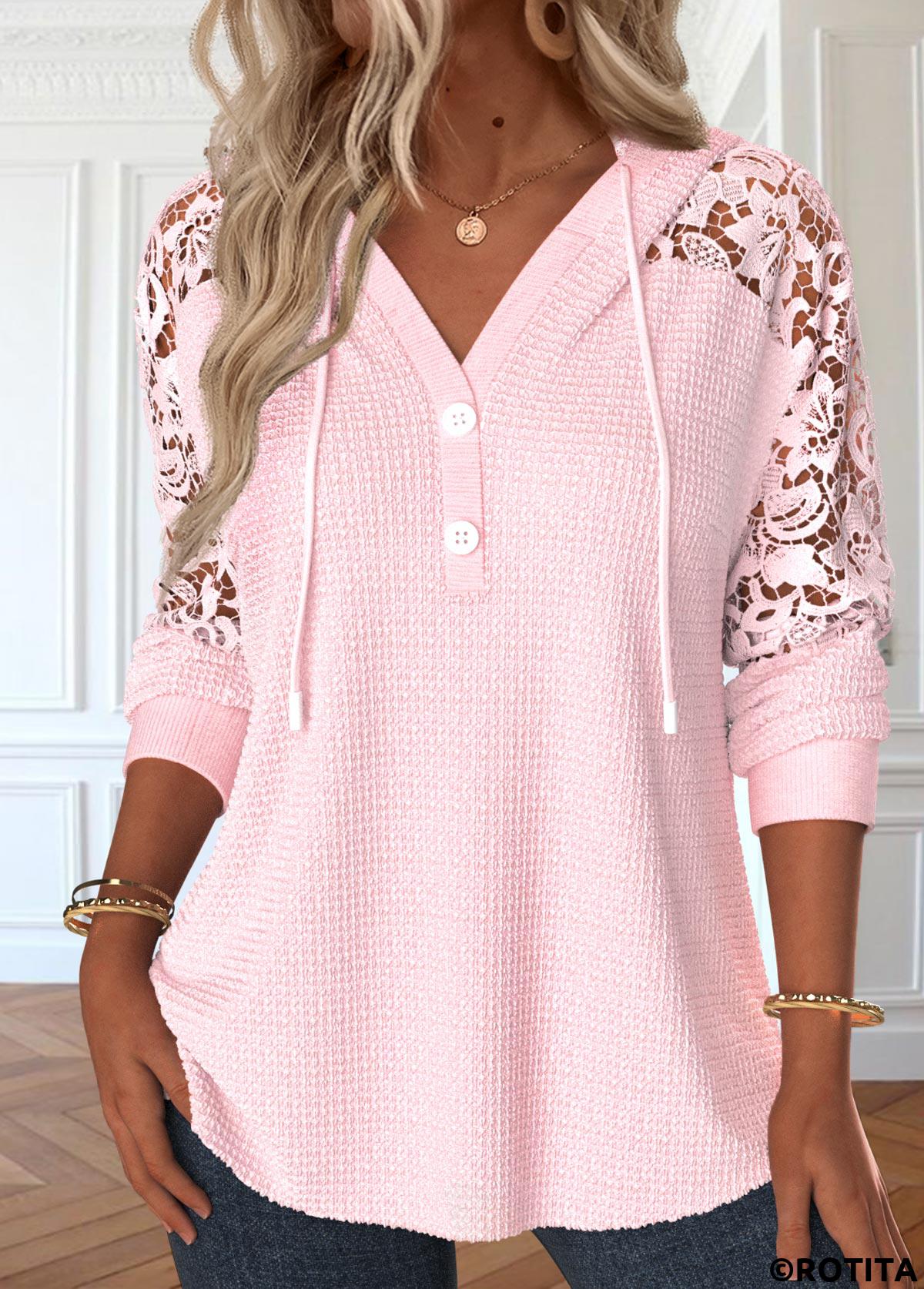 Light Pink tops,Plain Color tops,ROTITA Lace Light Pink Long Sleeve Hoodie